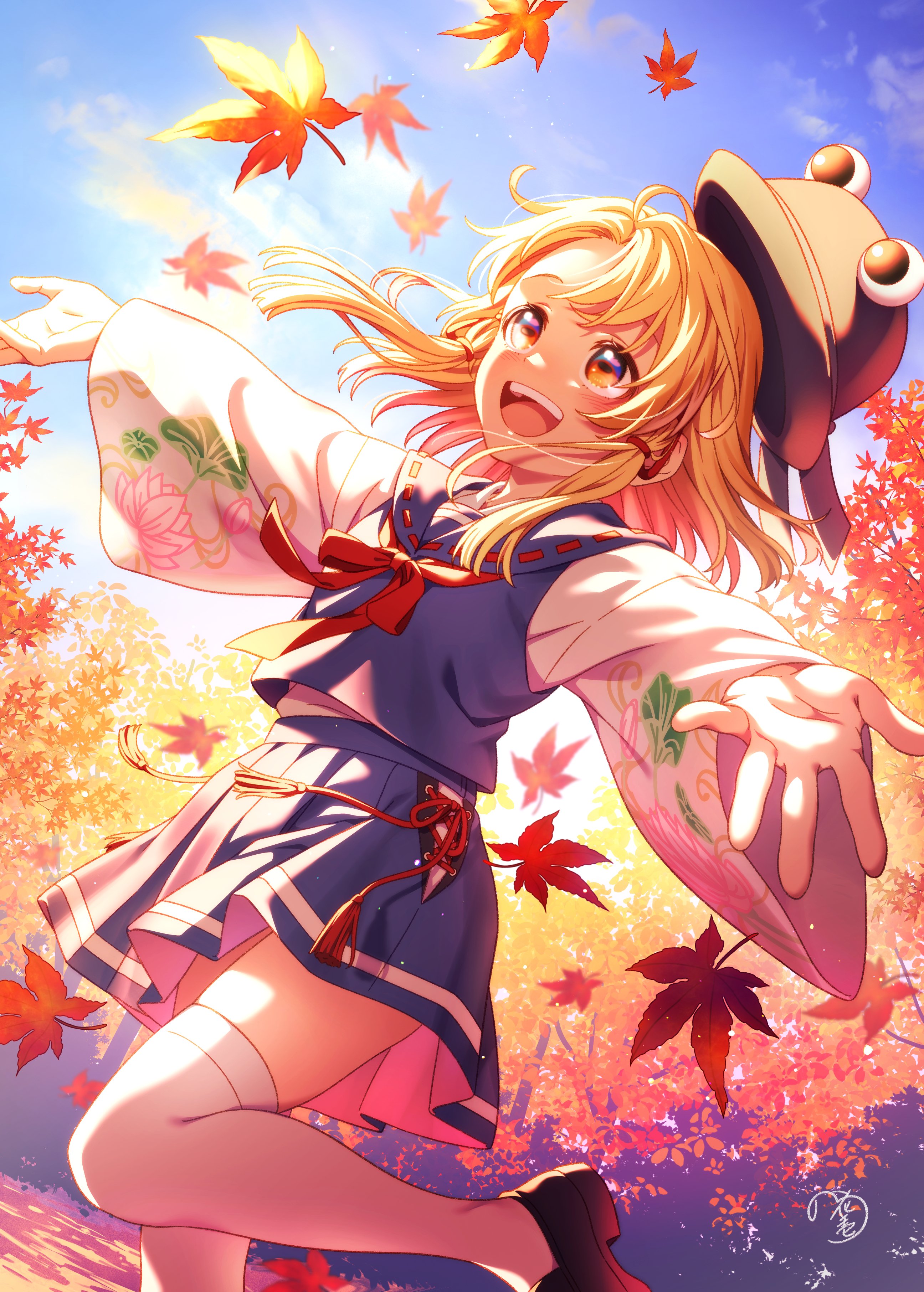 nora wanko, moriya suwako, touhou, absurdres, highres, 1girl, animal print, autumn, autumn leaves, blonde hair, blush, brown hat, detached sleeves, frog, frog hair ornament, frog print, hair ornament, hair ribbon, hat, leaf, long hair, long sleeves, maple leaf, open mouth, purple vest, ribbon, rope, shimenawa, shirt, short hair, skirt, smile, solo, thighhighs, vest, white thighhighs, wide sleeves, yellow eyes