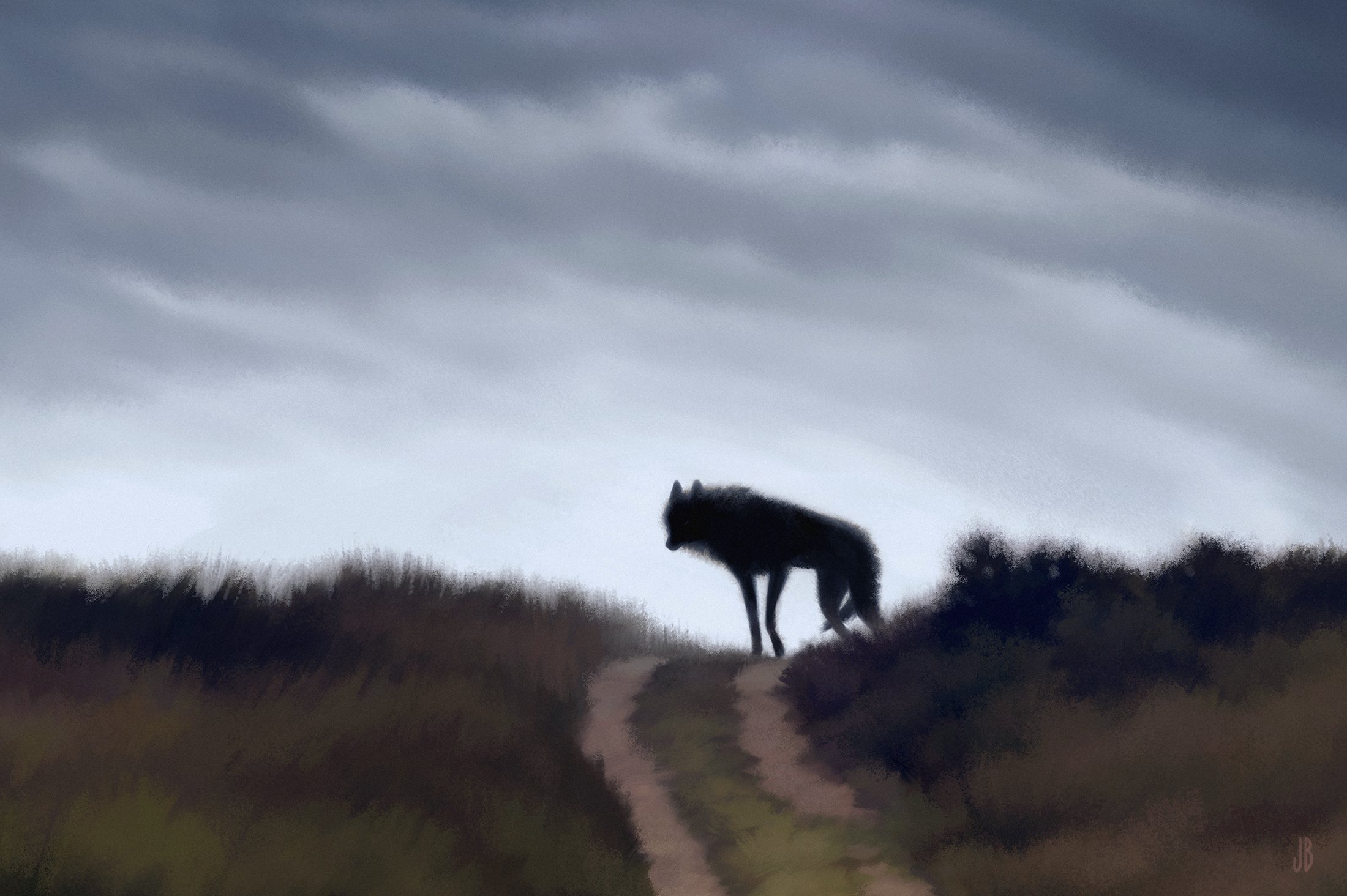 dappermouth, original, commentary, english commentary, highres, animal, animal focus, between legs, black fur, blurry, bush, closed mouth, cloud, cloudy sky, day, dog, full body, grass, grey sky, hill, horizon, horror (theme), looking at viewer, nature, no eyes, no humans, outdoors, path, realistic, road, scenery, signature, sky, standing, surreal, tail, tail between legs, wolf