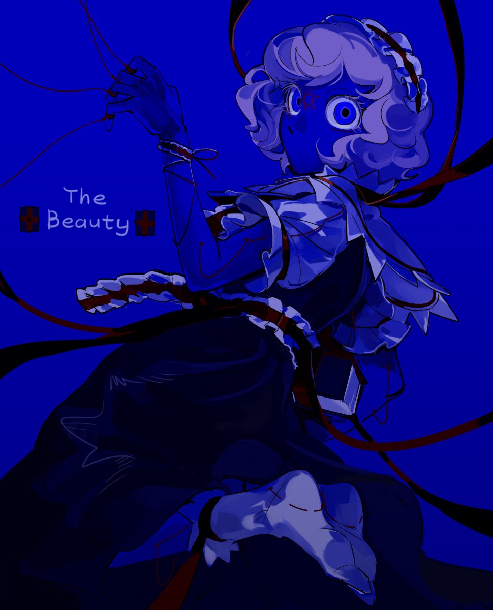 bumi35903802, alice margatroid, touhou, highres, 1girl, blonde hair, blue background, blue dress, blue eyes, book, bracelet, capelet, curled fingers, dress, english text, facial tattoo, feet up, frilled headband, grimoire of alice, headband, hexagram, holding, holding book, jewelry, looking at viewer, medium hair, no mouth, puffy short sleeves, puffy sleeves, red headband, red ribbon, ribbon, short sleeves, socks, solo, string, tattoo, white capelet, white socks, wide-eyed