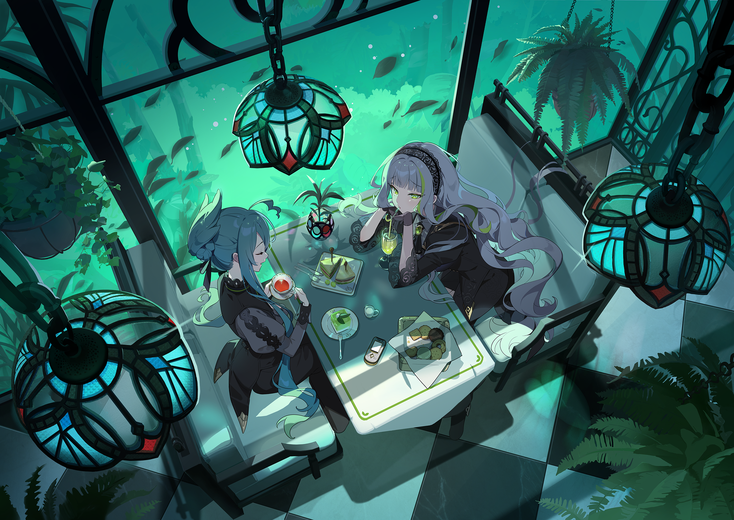 stella sora, character request, game cg, highres, non-web source, official art, 2girls, aqua hair, biscuit (bread), black dress, black gloves, cake, cake slice, ceiling light, cellphone, couch, cup, diner, dress, elbows on table, flip phone, food, from above, gloves, green eyes, green hair, grey hair, hanging plant, holding, holding cup, holding saucer, juliet sleeves, long dress, long hair, long sleeves, multiple girls, on couch, phone, plant, potted plant, puffy sleeves, raised inner eyebrows, saucer, sitting, tea, teacup, three-quarter sleeves, very long hair, wavy hair