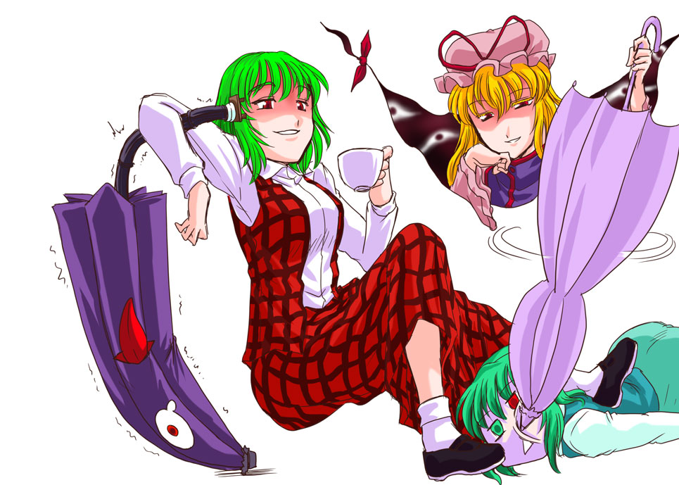kisaragi ryou (sougetsu-tei), kazami yuuka, tatara kogasa, yakumo yukari, touhou, white legwear, 3girls, blonde hair, blouse, bullying, closed umbrella, cup, female focus, gap (touhou), green eyes, green hair, hand on own chin, hat, heterochromia, holding, karakasa obake, long sleeves, multiple girls, oil-paper umbrella, plaid clothes, plaid skirt, plaid vest, red eyes, shaded face, shirt, shoes, short hair, skirt, skirt set, teacup, tongue, trait connection, triangle mouth, umbrella, vest