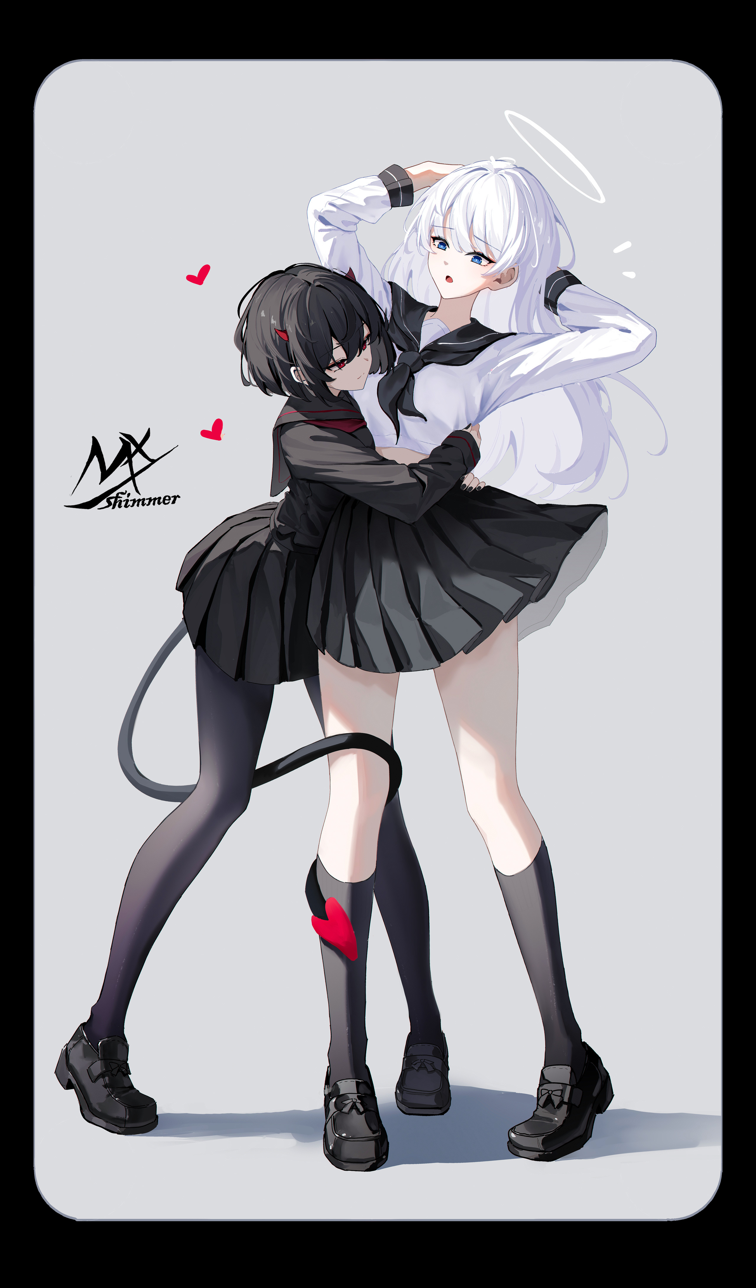shimmer, angel girl (shimmer), black-haired demon girl (shimmer), original, absurdres, commentary, highres, symbol-only commentary, 2girls, angel and devil, arm behind head, arms up, artist name, black border, black hair, black neckerchief, black pantyhose, black sailor collar, black serafuku, black shirt, black shoes, black skirt, black socks, blue eyes, border, closed mouth, demon girl, demon horns, demon tail, grey background, hair between eyes, halo, horns, kneehighs, loafers, long hair, multiple girls, neckerchief, notice lines, open mouth, pantyhose, pleated skirt, red eyes, red neckerchief, sailor collar, school uniform, serafuku, shadow, shirt, shoes, signature, skirt, socks, tail, tail wrap, very long hair, white hair, white shirt, yuri