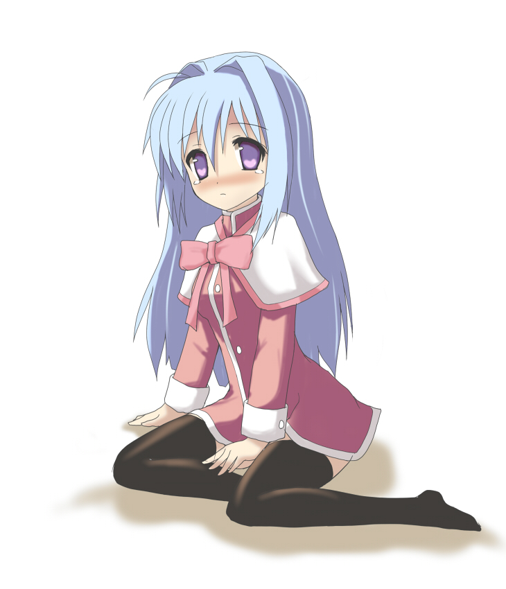 wa (rzpguw), minase nayuki, kanon, bad id, bad pixiv id, 1girl, blue hair, female focus, kneeling, long hair, purple eyes, red skirt, school uniform, skirt, solo, tears, thighhighs