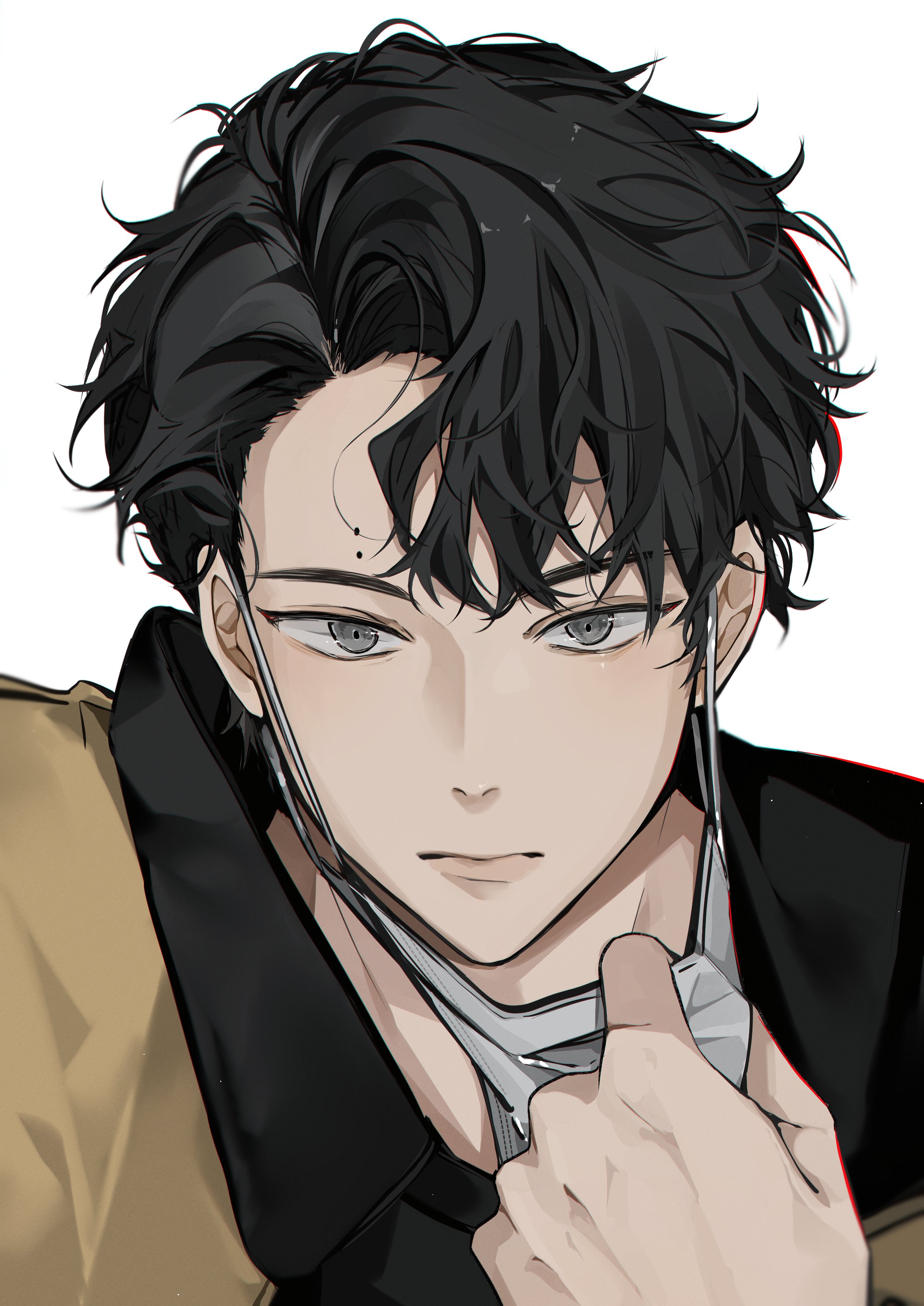 myanya, sakusa kiyoomi, haikyuu!!, absurdres, highres, 1boy, black hair, closed mouth, grey eyes, jacket, looking at viewer, male focus, mask, mask pull, mole, mole on forehead, mouth mask, mouth pull, short hair, simple background, solo, white background