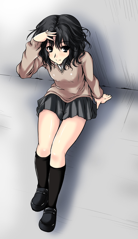 johnny (from scratch), tanamachi kaoru, amagami, black hair, curly hair, looking up, miniskirt, pleated skirt, school uniform, short hair, sitting, skirt, smile, socks, solo, sweater, wavy hair