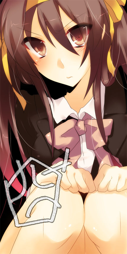 kurohara yuu, suzumiya haruhi, suzumiya haruhi no yuuutsu, 00s, 1girl, blush, bow, bowtie, brown eyes, brown hair, close-up, female focus, hairband, long sleeves, looking at viewer, pink bow, pink bowtie, solo