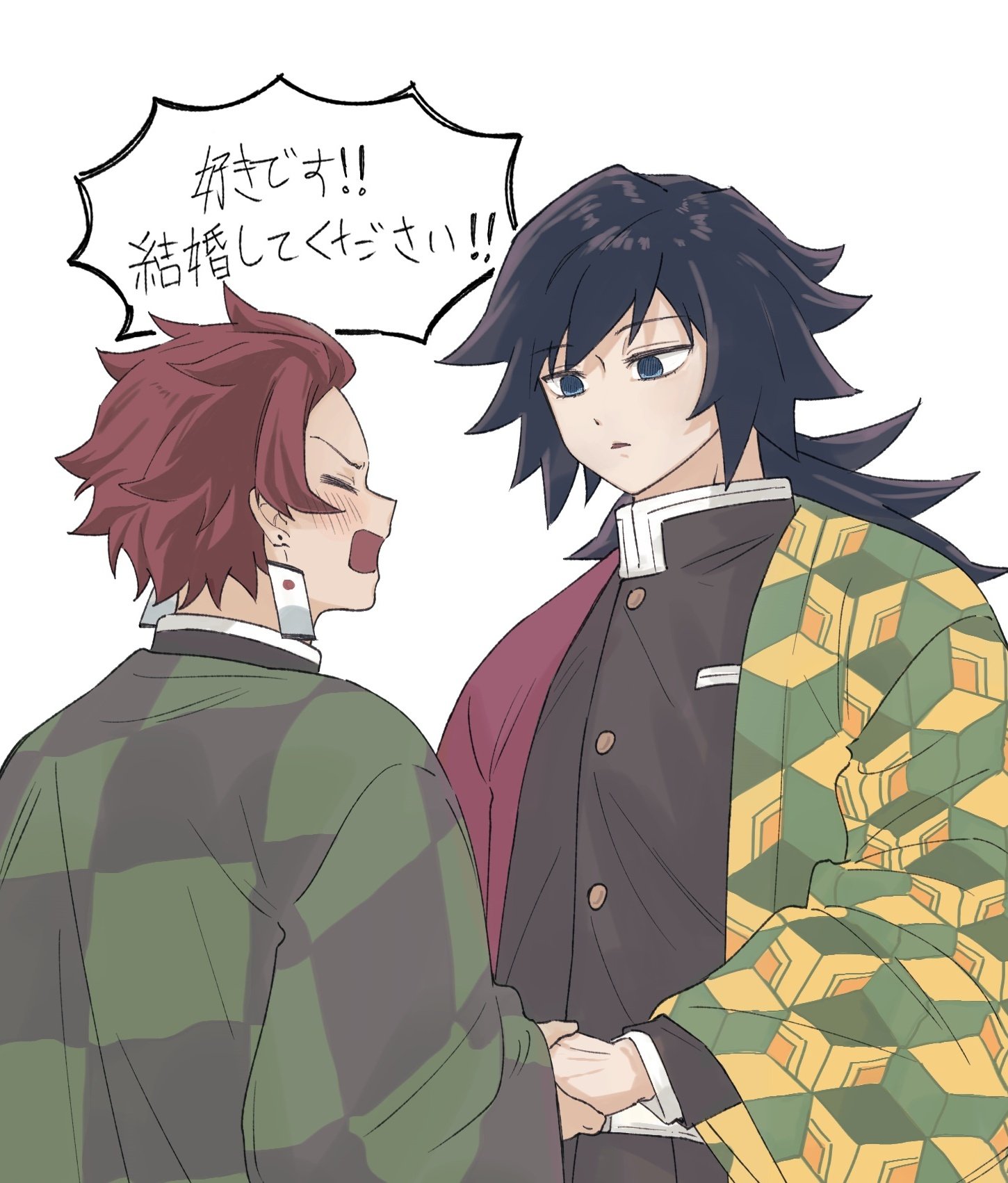 kamado tanjirou, tomioka giyuu, kimetsu no yaiba, highres, translation request, 2boys, black hair, black jacket, blue eyes, brown hair, checkered haori, closed eyes, demon slayer uniform, earrings, hanafuda earrings, haori, high collar, holding hands, jacket, japanese clothes, jewelry, kikkoumon, low ponytail, male focus, multiple boys, nem yamm, open mouth, ponytail, print haori, short hair, simple background, speech bubble, spiked hair, upper body, white background