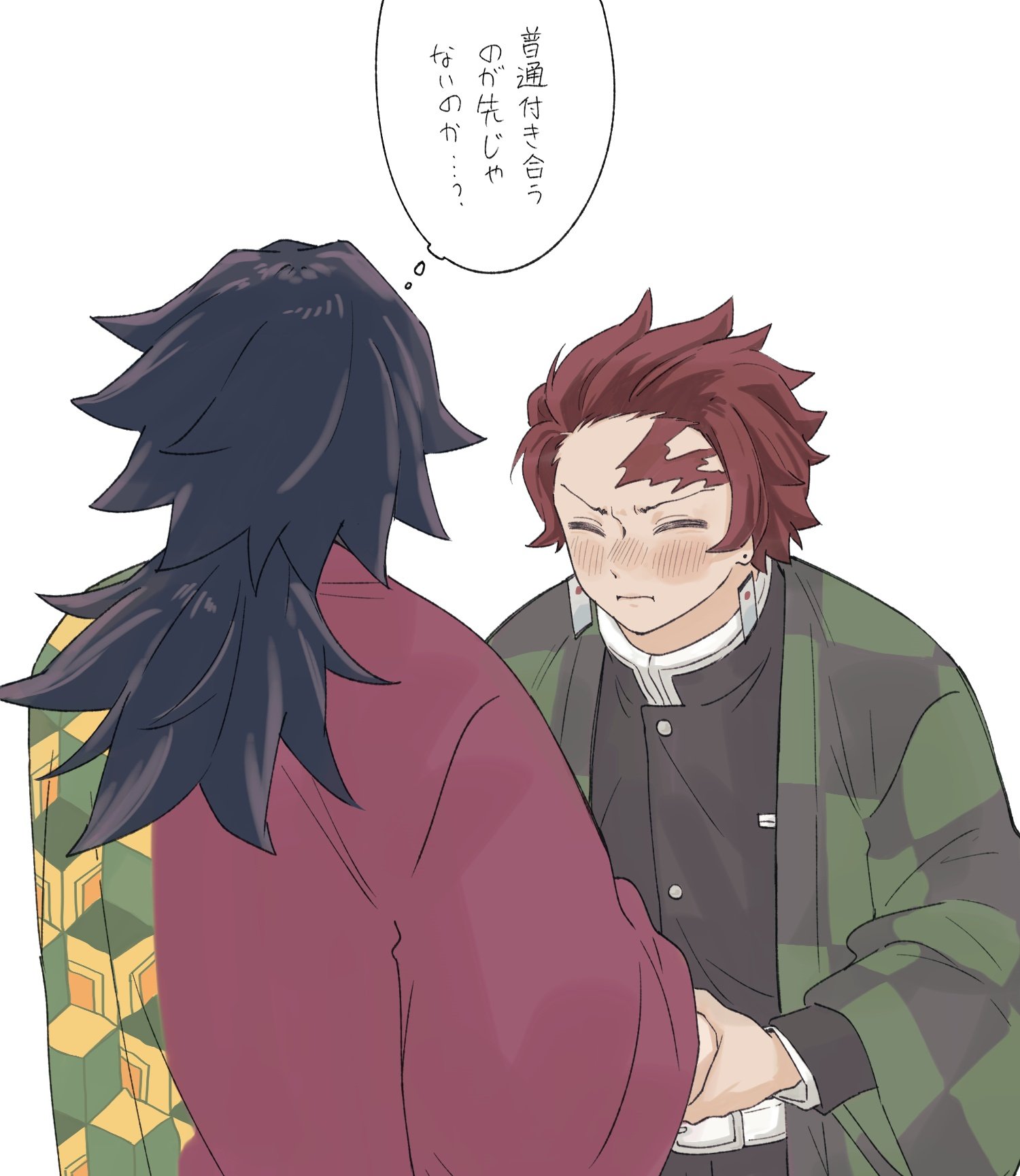 kamado tanjirou, tomioka giyuu, kimetsu no yaiba, highres, translation request, 2boys, black hair, black jacket, blush, brown hair, checkered haori, closed eyes, demon slayer uniform, earrings, from behind, hanafuda earrings, haori, high collar, holding hands, jacket, japanese clothes, jewelry, kikkoumon, low ponytail, male focus, multiple boys, nem yamm, ponytail, print haori, short hair, simple background, speech bubble, spiked hair, upper body, white background