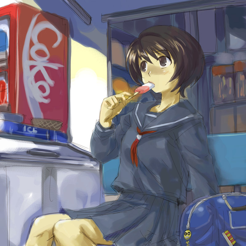 michael f91, original, 1girl, bag, bench, black hair, eating, female focus, food, ice cream, popsicle, school, school uniform, serafuku, short hair, sitting, skirt, solo, vending machine