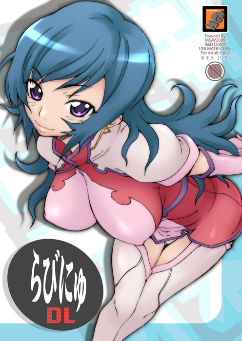 isou doubaku, kotona elegance, zoids, zoids genesis, 00s, bent over, blue hair, breasts, large breasts, long hair, panties, purple eyes, shadow, smile, solo, thighhighs, underwear, white panties