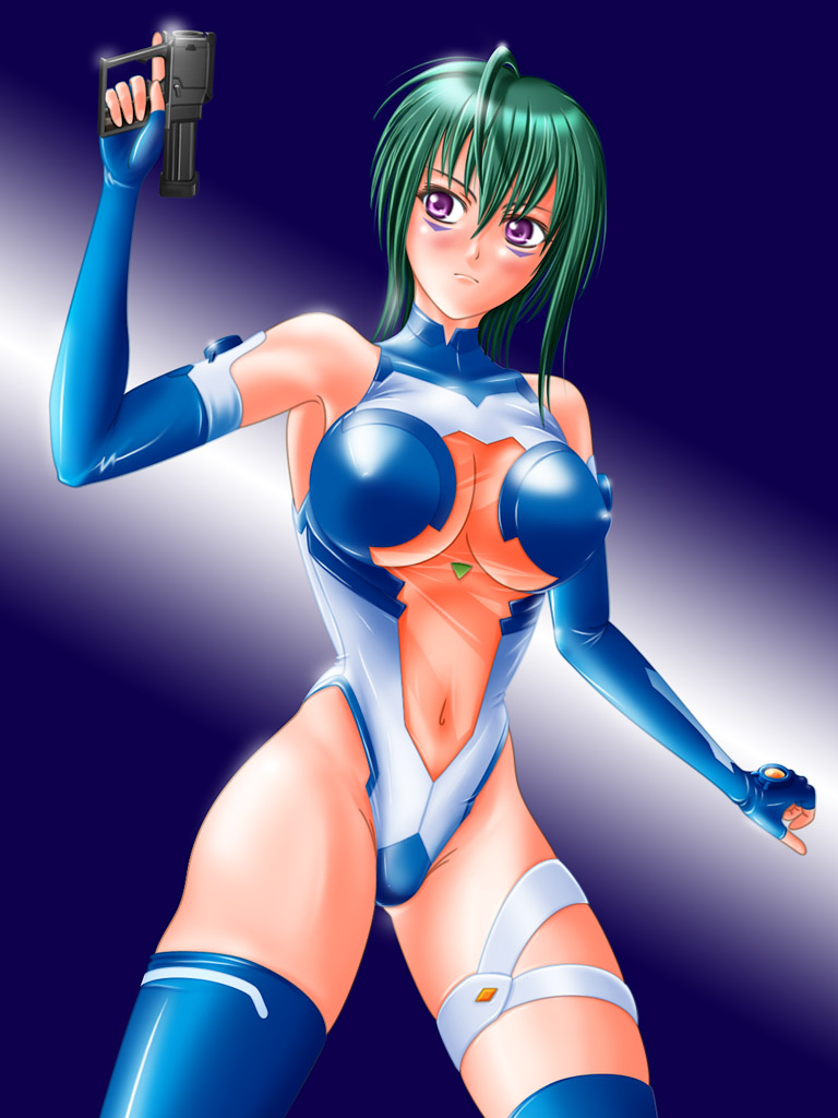 alpha myu, kannagi itsuki, sora wo kakeru shoujo, pilot suit, 00s, 1girl, ahoge, armpits, asymmetrical legwear, bare shoulders, blue background, blue gloves, blue thighhighs, blush, bodysuit, breasts, covered erect nipples, covered navel, cowboy shot, elbow gloves, facepaint, facial mark, female focus, fingerless gloves, frown, gloves, gradient background, green hair, gun, hair between eyes, halterneck, hand up, handgun, highleg, highleg leotard, hip focus, holding, holding weapon, large breasts, legs apart, leotard, looking to the side, navel, outstretched arm, purple eyes, serious, short hair, solo, standing, thigh strap, thighhighs, trigger discipline, turtleneck, uneven legwear, weapon