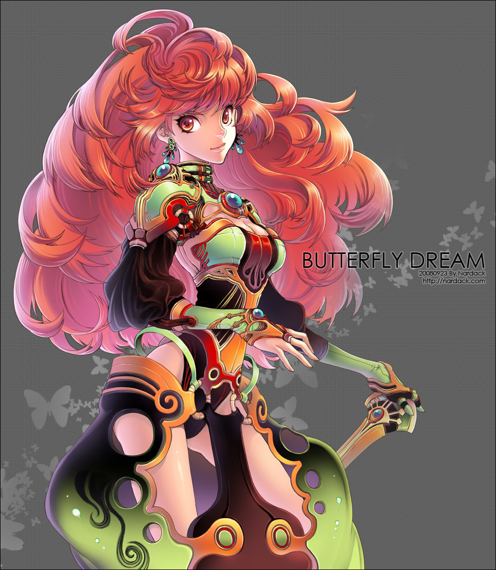 nardack, original, bad id, bad pixiv id, 1girl, armor, breasts, bug, butterfly, cleavage, earrings, female focus, fingerless gloves, gloves, insect, jewelry, long hair, medium breasts, red eyes, red hair, solo