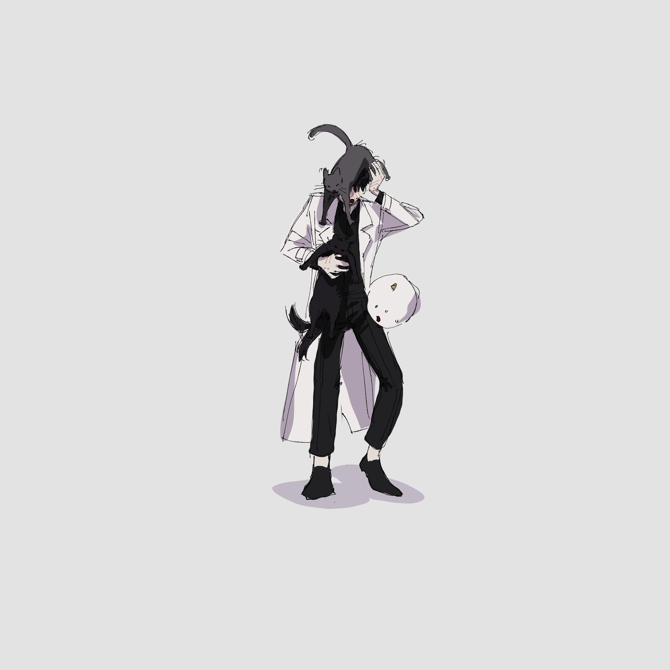 lp (sangkuranak), biyoo (omniscient reader's viewpoint), kim dokja, omniscient reader's viewpoint, absurdres, commentary, english commentary, highres, 1boy, animal, animal on arm, animal on head, black cat, black hair, carrying, cat, coat, full body, grey cat, male focus, multiple cats, on head, open clothes, open coat, open mouth, popped collar, short hair, white coat