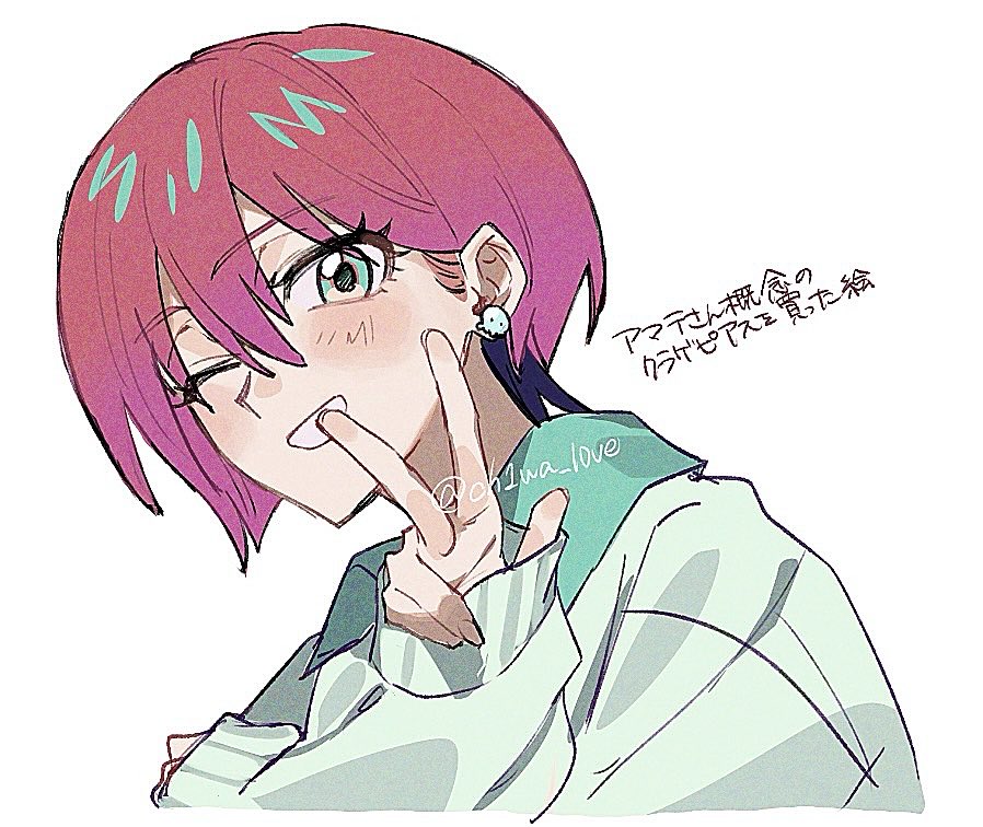 amate yuzuriha, gundam, gundam gquuuuuux, 1girl, aqua eyes, blush, ch1wa l0ve, earrings, jewelry, long sleeves, looking at viewer, necktie, one eye closed, open mouth, red hair, school uniform, shirt, short hair, simple background, smile, solo, sweater, v, white background, zooming in