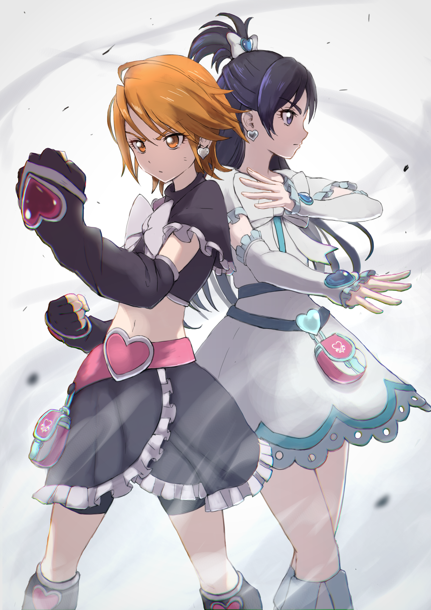arema, cure black, cure white, misumi nagisa, yukishiro honoka, futari wa precure, precure, commentary, highres, 2girls, arm warmers, arms across body, back-to-back, belt, belt pouch, bike shorts, bike shorts under skirt, black arm warmers, black gloves, black leg warmers, black shorts, black skirt, blue hair, bow, buckle, chest bow, closed mouth, crop top, crossed legs, debris, dress, dust cloud, earrings, feet out of frame, fighting stance, fingerless gloves, frilled arm warmers, frilled dress, frilled skirt, frilled sleeves, frills, furrowed brow, gloves, hair bow, hair ornament, half updo, hand up, heart, heart-shaped buckle, heart belt, heart earrings, heart hair ornament, jewelry, leg warmers, legs apart, long hair, looking at viewer, magical girl, midriff, multiple girls, navel, pink belt, pouch, serious, short dress, short hair, short sleeves, shorts, simple background, skirt, standing, swept bangs, white arm warmers, white background, white bow, white dress, white leg warmers