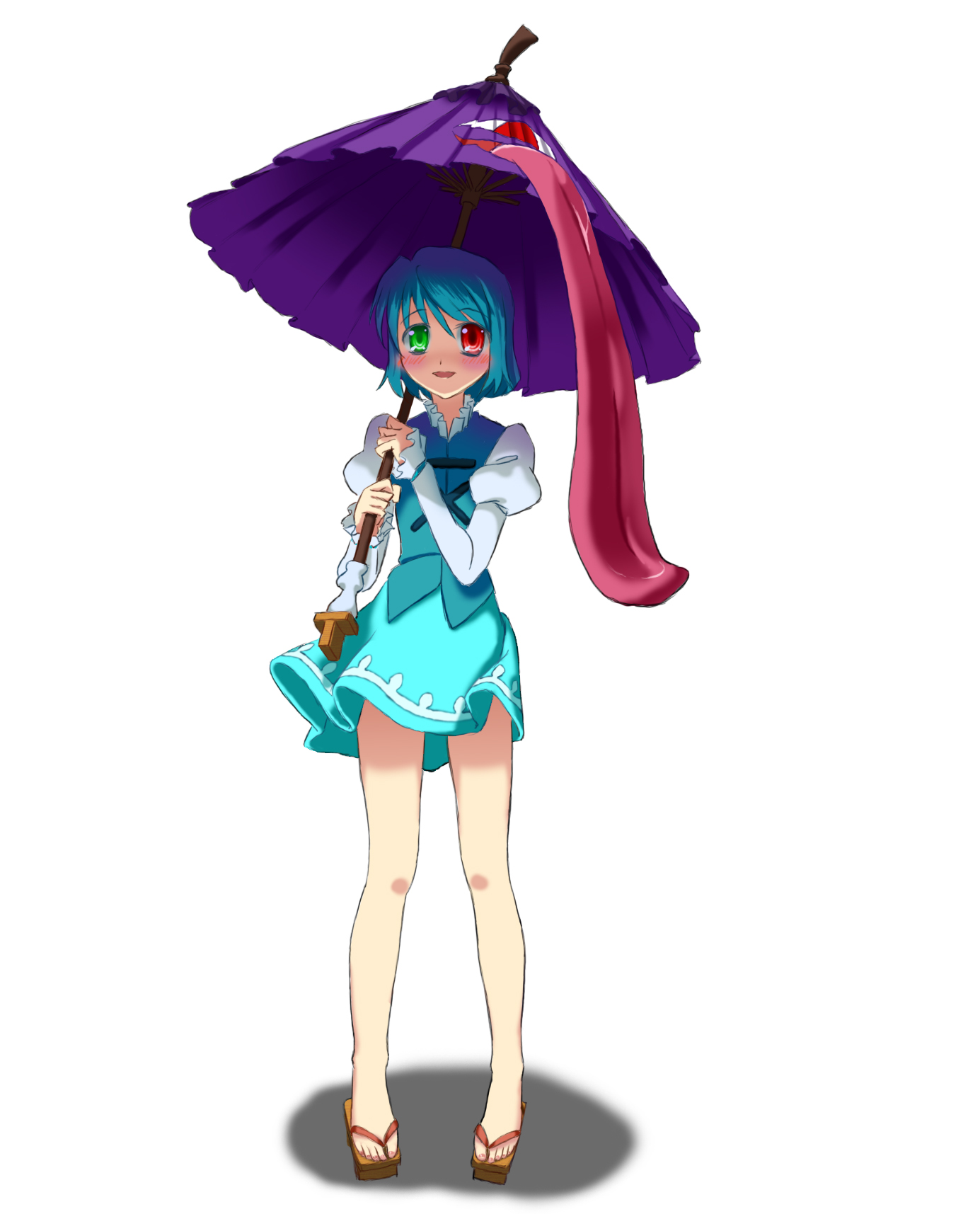 ww90055, tatara kogasa, touhou, highres, 1girl, blue hair, feet, female focus, geta, green hair, heterochromia, karakasa obake, oil-paper umbrella, red eyes, sandals, short hair, solo, tongue, umbrella