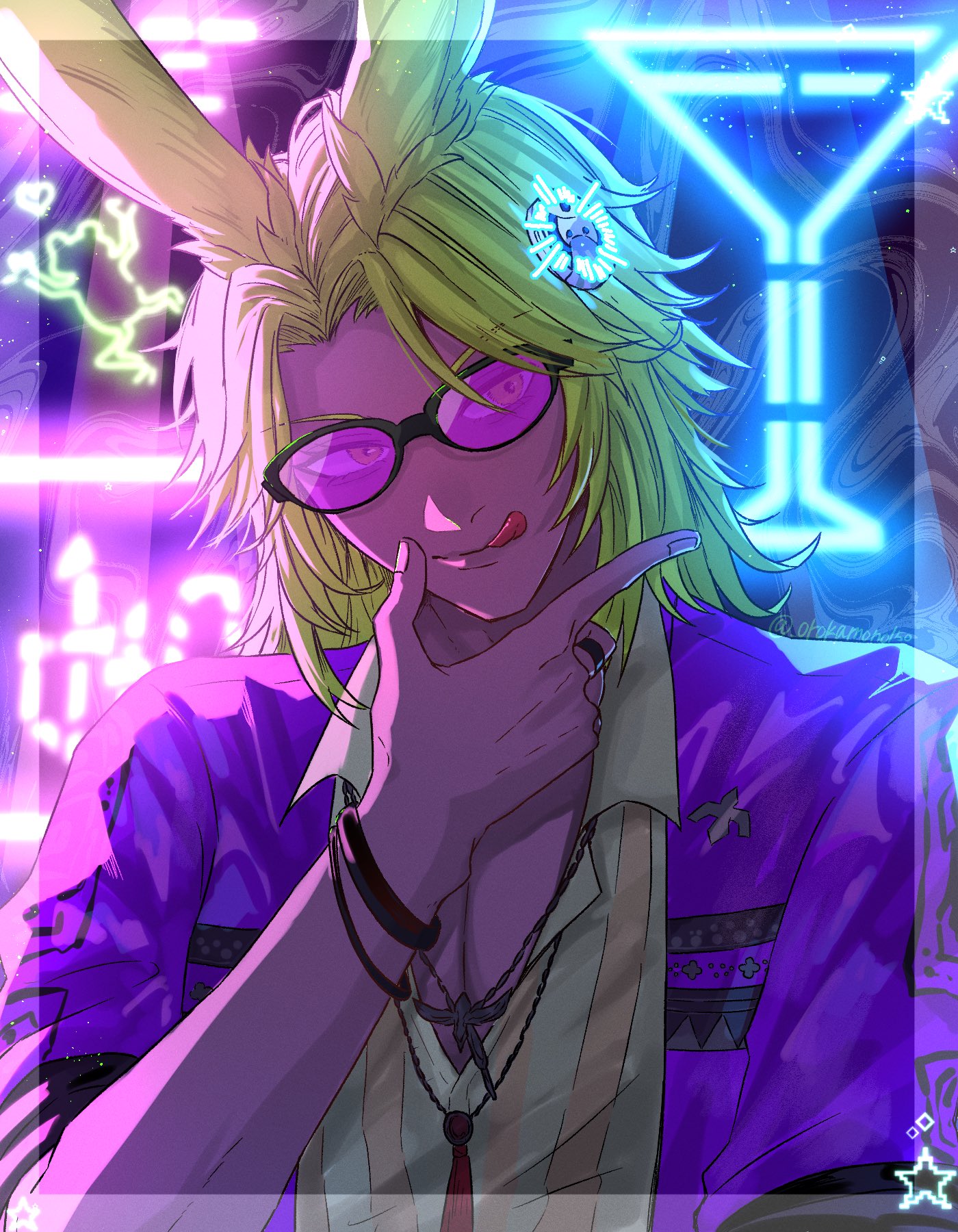 orokamono150, final fantasy, final fantasy xiv, commentary request, highres, 1boy, :q, animal ears, bracelet, dark-skinned male, dark skin, eheeya (ff14), green hair, green shirt, jacket, jewelry, looking to the side, male focus, necklace, neon lights, neon sign, pink-tinted eyewear, purple jacket, rabbit boy, rabbit ears, ring, shirt, solo, striped clothes, striped shirt, sunglasses, tinted eyewear, tongue, tongue out, vertical-striped clothes, vertical-striped shirt, viera