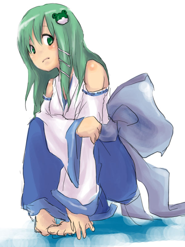sabuko, subko, kochiya sanae, touhou, 1girl, barefoot, female focus, hands on feet, japanese clothes, miko, solo