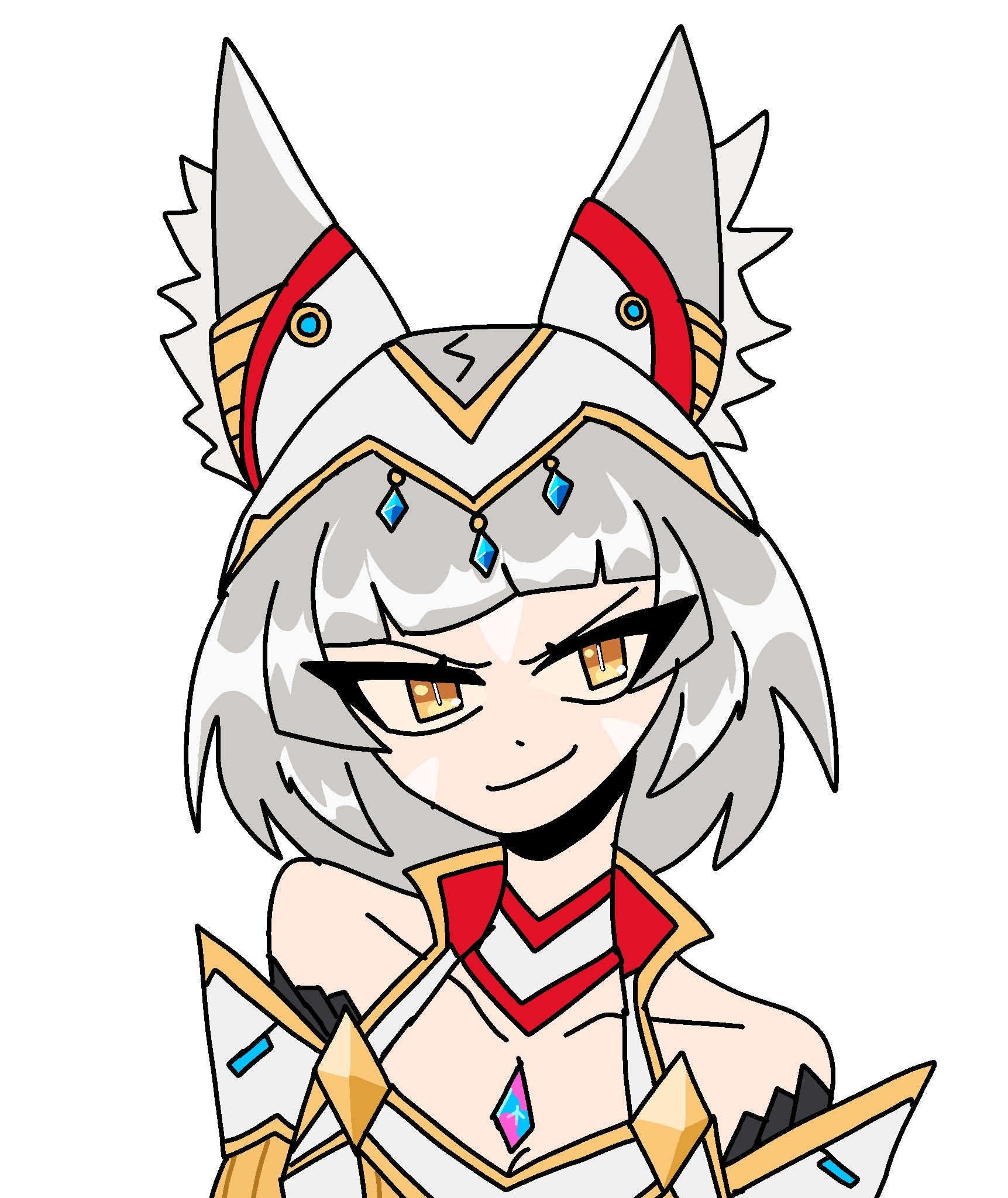 nia (xenoblade), xenoblade chronicles (series), xenoblade chronicles 3, highres, non-web source, 1girl, animal ears, cartoonized, cat ears, cat girl, closed mouth, core crystal (xenoblade), grey hair, looking at viewer, short hair, simple background, smile, solo, toon (style), upper body, white background, yellow eyes