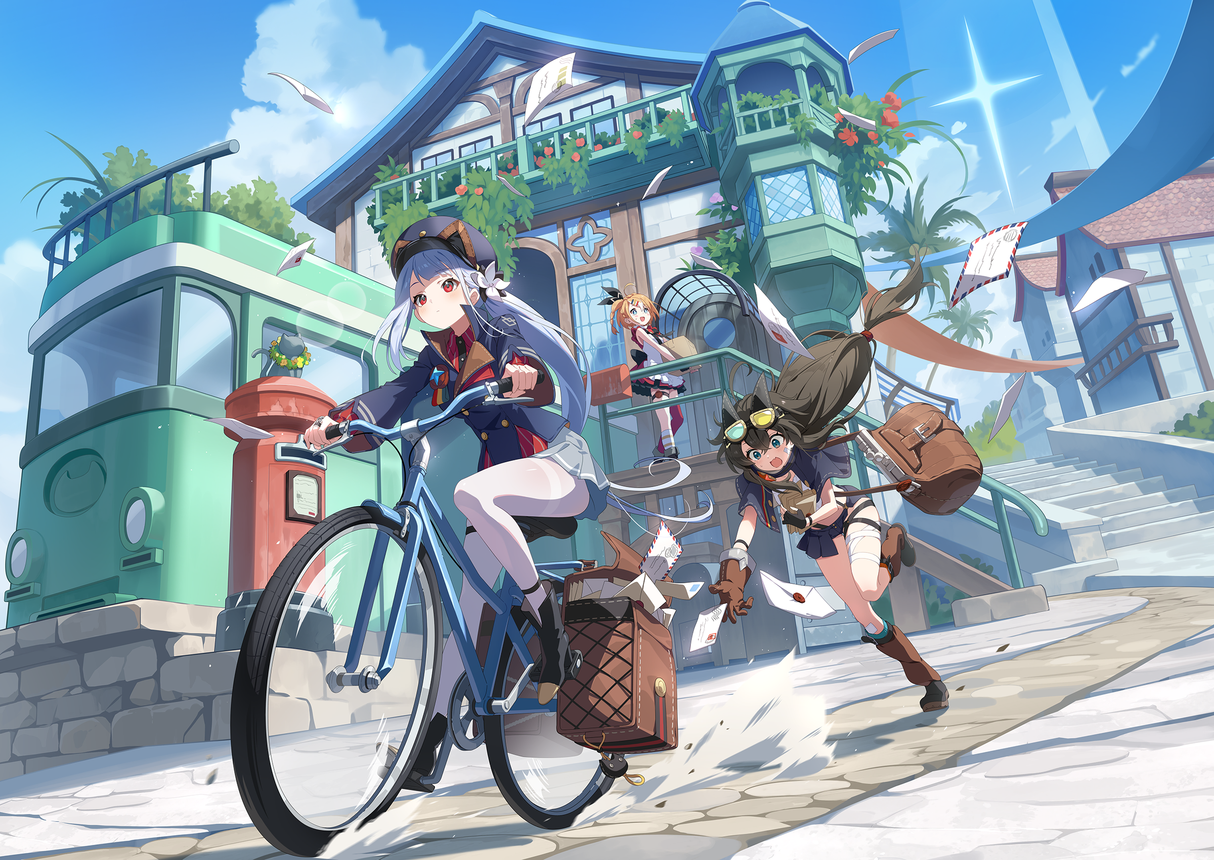 freesia (stella sora), teresa (stella sora), stella sora, game cg, highres, non-web source, official art, 3girls, ahoge, bag, bandaged leg, bandages, bicycle, black boots, black hair, black shorts, black skirt, blue eyes, blue hair, blue hat, blue jacket, boots, braid, buttons, catching, collared shirt, crown braid, donna (stella sora), double-breasted, dress, dress shirt, dust cloud, envelope, flower, goggles, goggles on head, grey skirt, hair flower, hair ornament, half-skirt, hat, heterochromatic eyewear, high heel boots, high heels, jacket, long hair, low-tied long hair, messenger bag, miniskirt, monolith (object), multiple girls, one side up, open bag, orange hair, pantyhose, pleated skirt, post haste (stella sora), red eyes, red shirt, riding, riding bicycle, shirt, short hair, short shorts, shorts, shoulder bag, side braid, side ponytail, skirt, tinted eyewear, very long hair, white dress, white flower, white pantyhose