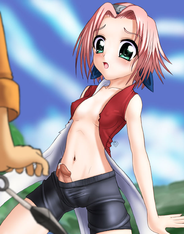 haruno sakura, uzumaki naruto, naruto (classic), naruto (series), artist request, 1boy, 1futa, breasts, cum, futanari, green eyes, open mouth, penis, pink hair, solo focus