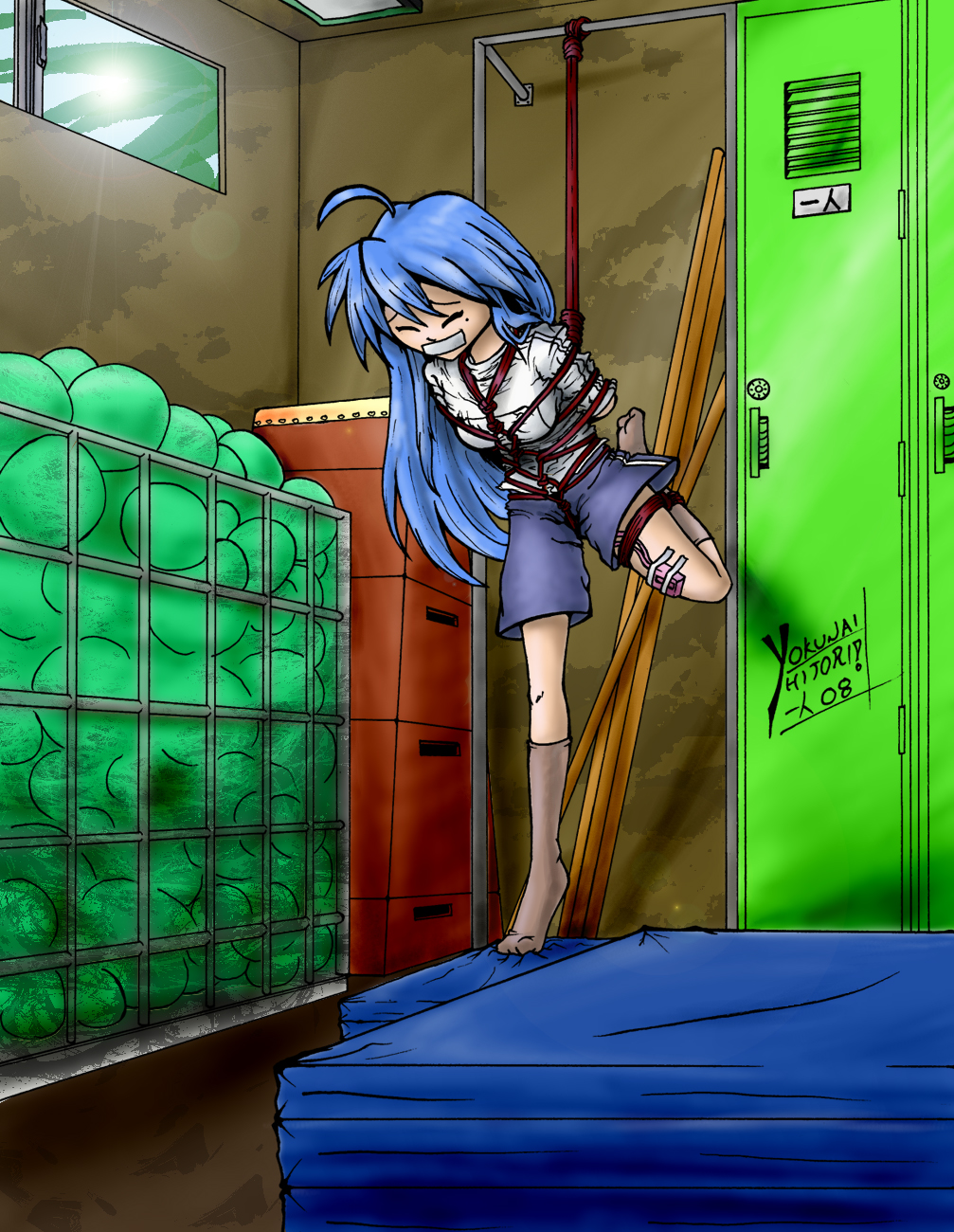 tanoshyht, izumi konata, lucky star, highres, bdsm, bondage, locker room, school uniform, shibari, vibrator
