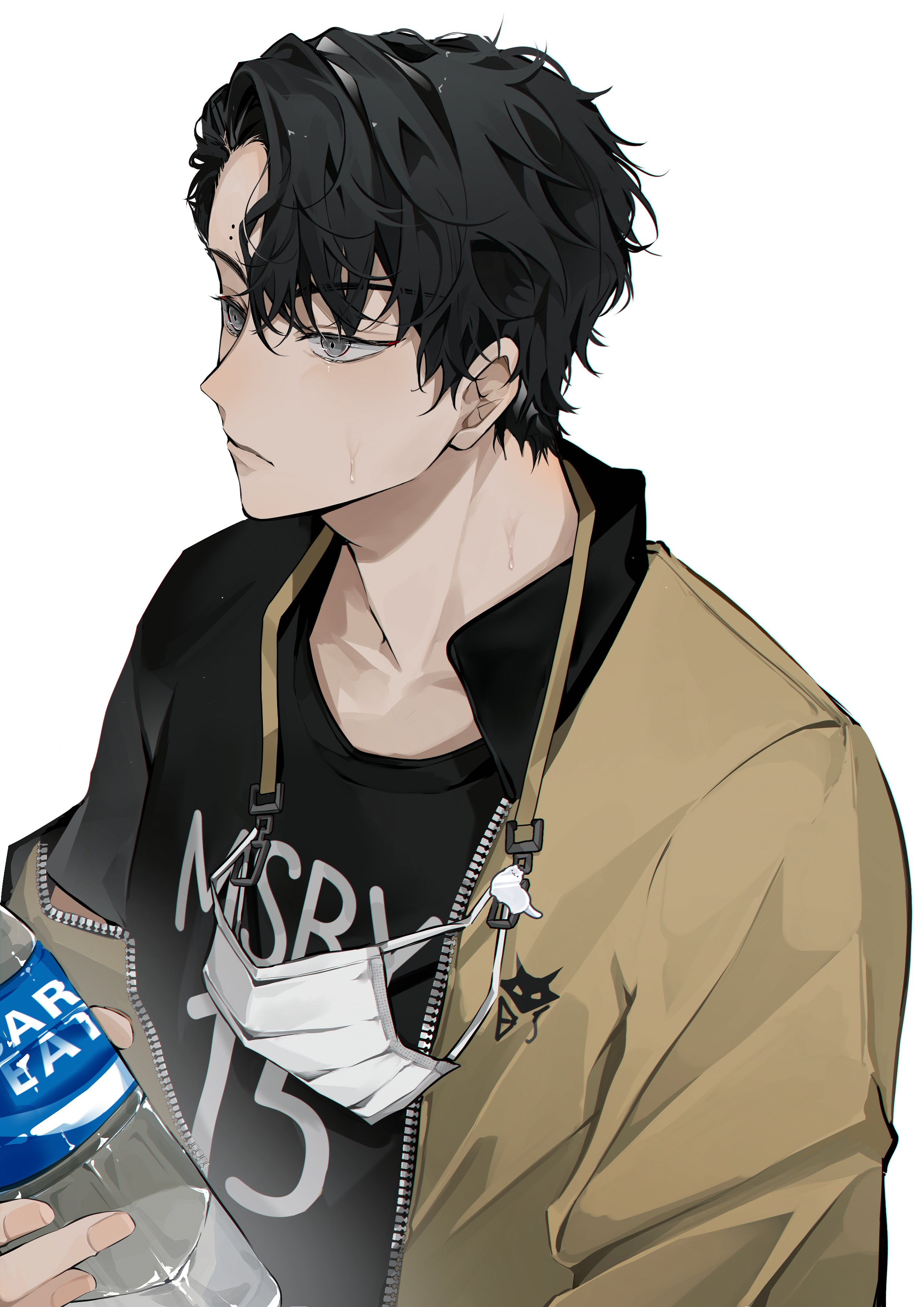 myanya, sakusa kiyoomi, haikyuu!!, absurdres, commentary, highres, symbol-only commentary, 1boy, black hair, bottle, crew neck, grey eyes, holding, holding bottle, jacket, jacket over sportswear, male focus, mask, mole, mole on forehead, mouth mask, msby black jackals jacket, msby black jackals volleyball uniform, short hair, simple background, single off shoulder, solo, sportswear, unworn mask, unzipped, volleyball uniform, water bottle, white background