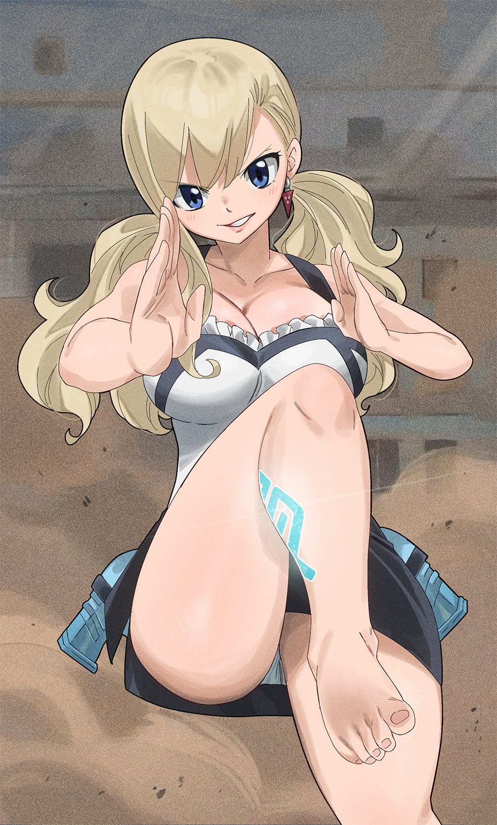 gaston18, rebecca bluegarden, eden's zero, highres, 1girl, barefoot, blonde hair, blue eyes, breasts, cleavage, collarbone, earrings, jewelry, large breasts, long hair, looking at viewer, parted lips, skirt, solo, twintails