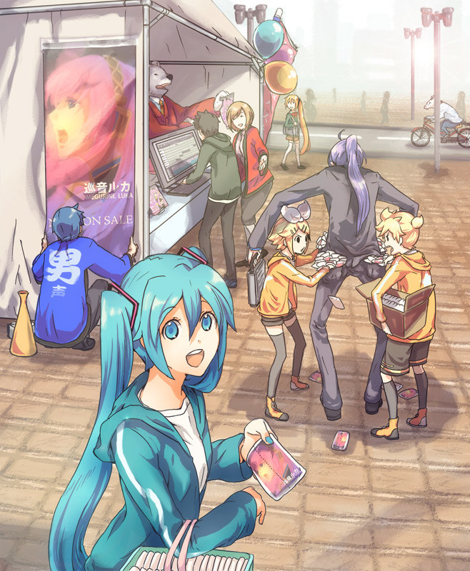 nou (pixiv), qqpp (dob), akita neru, hatsune miku, kagamine len, kagamine rin, kaito (vocaloid), kamui gakupo, megurine luka, meiko (vocaloid), vocaloid, bad id, bad pixiv id, 4boys, 4girls, blonde hair, blue eyes, casual, flat chest, green eyes, green hair, hood, hoodie, long hair, multiple boys, multiple girls, prank, short hair, thighhighs, tissue, twintails, very long hair, zettai ryouiki