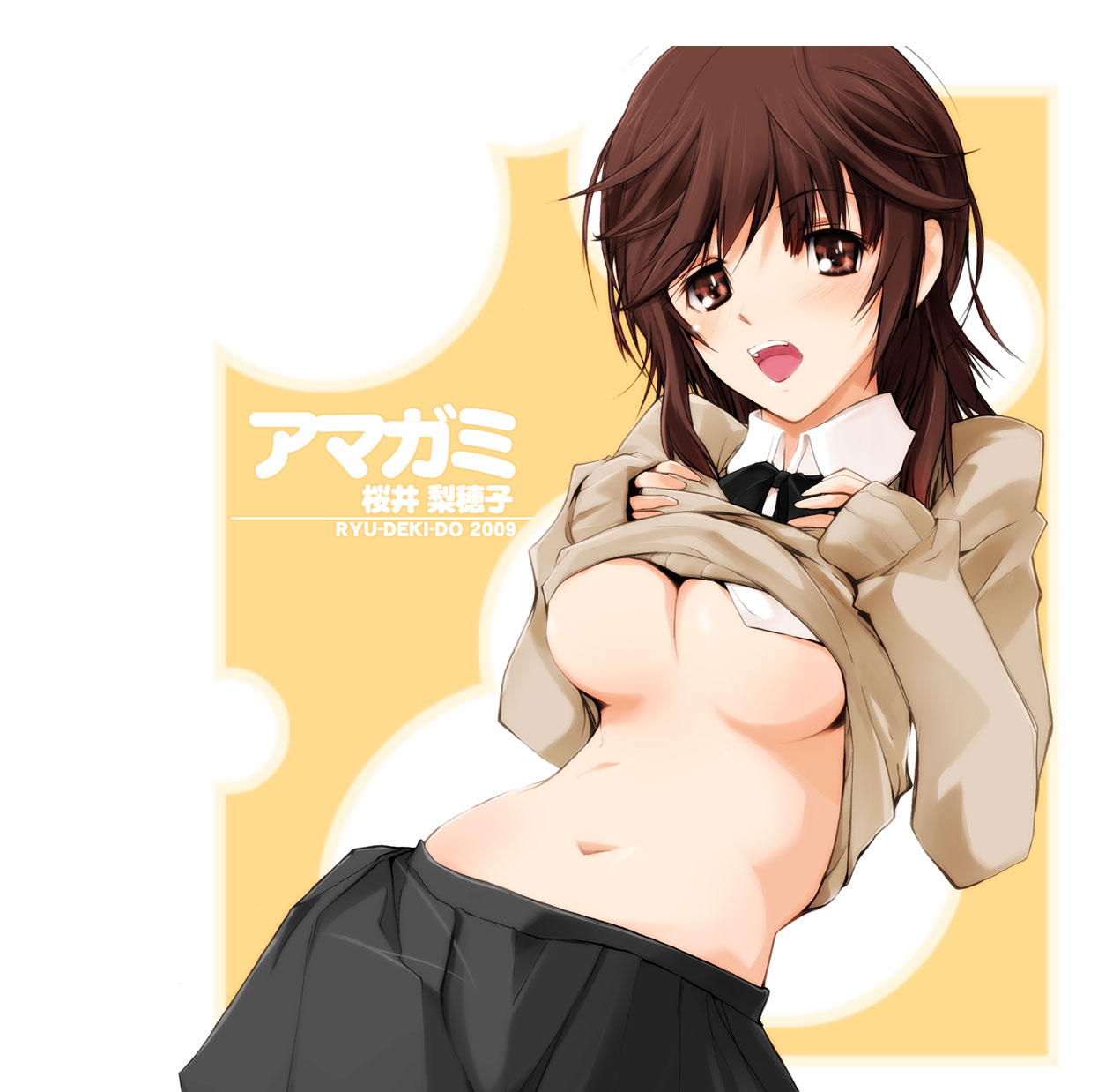 nagare hyougo, sakurai rihoko, amagami, highres, 1girl, breasts, brown eyes, brown hair, clothes lift, female focus, large breasts, midriff, shirt lift, solo, underboob