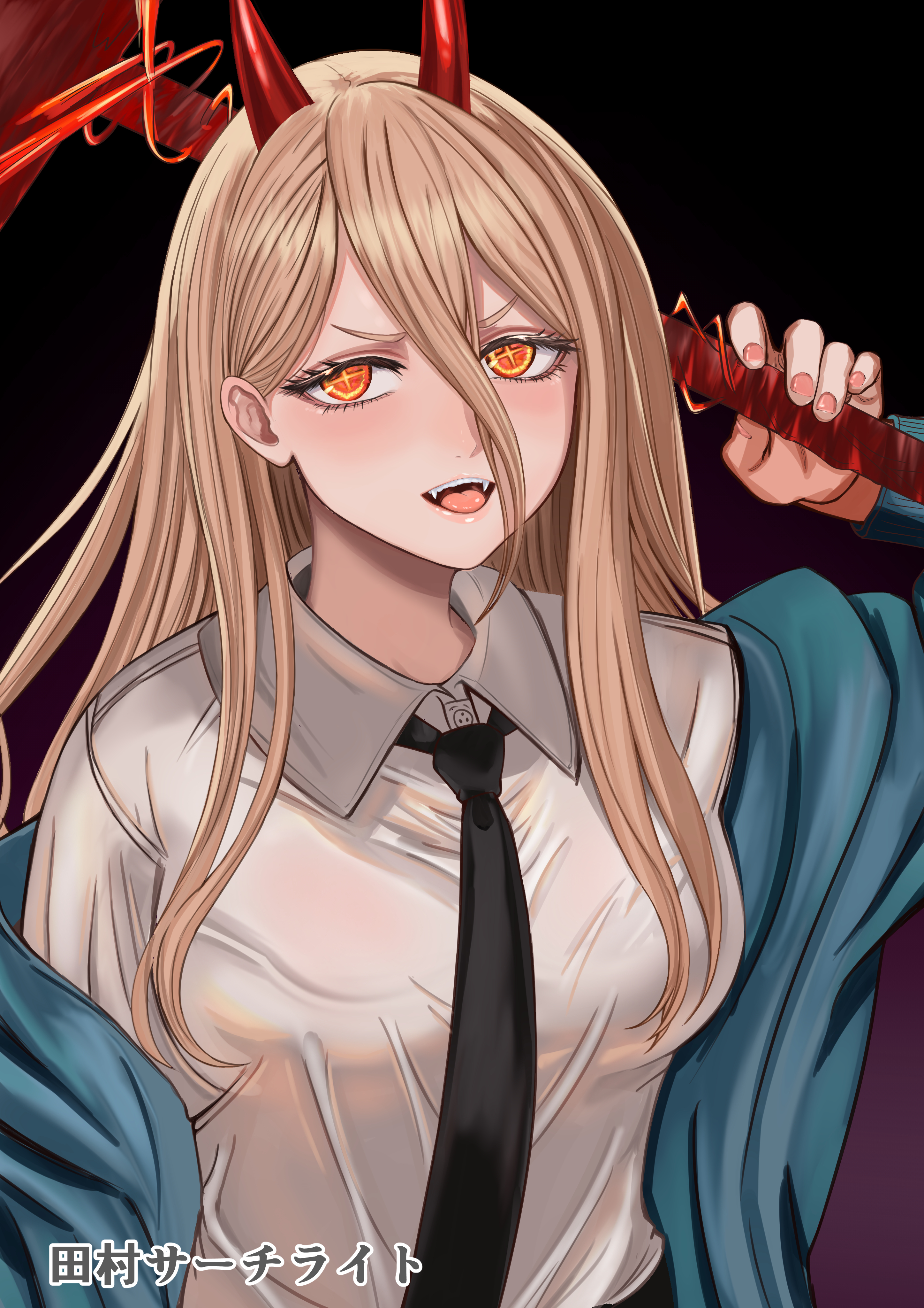 tamura searchlight, power (chainsaw man), chainsaw man, absurdres, highres, 1girl, black necktie, blonde hair, blue jacket, breasts, collared shirt, cross-shaped pupils, fangs, hair between eyes, hammer, hemokinesis, holding, holding hammer, horns, jacket, long hair between eyes, medium breasts, necktie, open mouth, orange eyes, red horns, shirt, solo, symbol-shaped pupils, white shirt