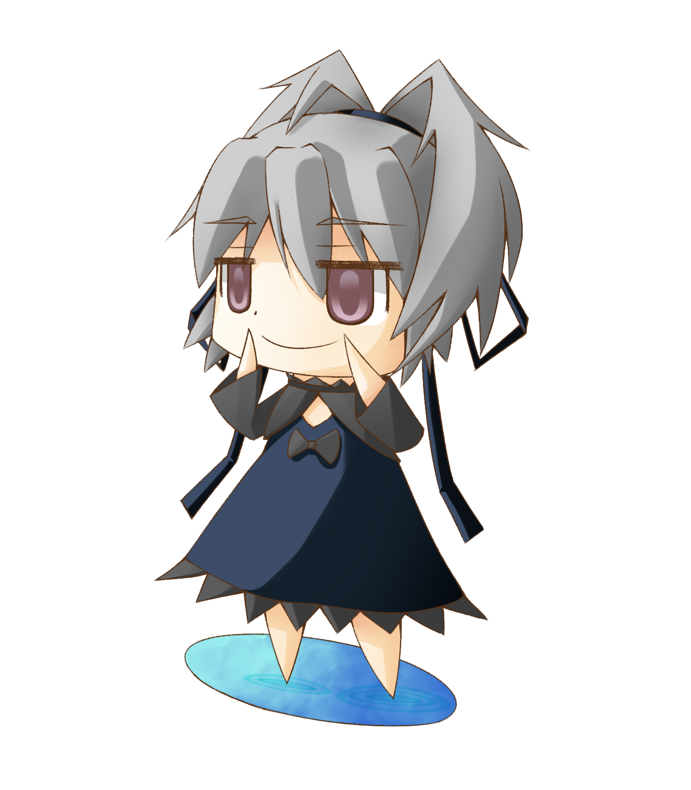 gimai, yukorin, yin (darker than black), darker than black, bad id, bad pixiv id, highres, 00s, 1girl, blue dress, chibi, dress, female focus, fingersmile, smile, solo