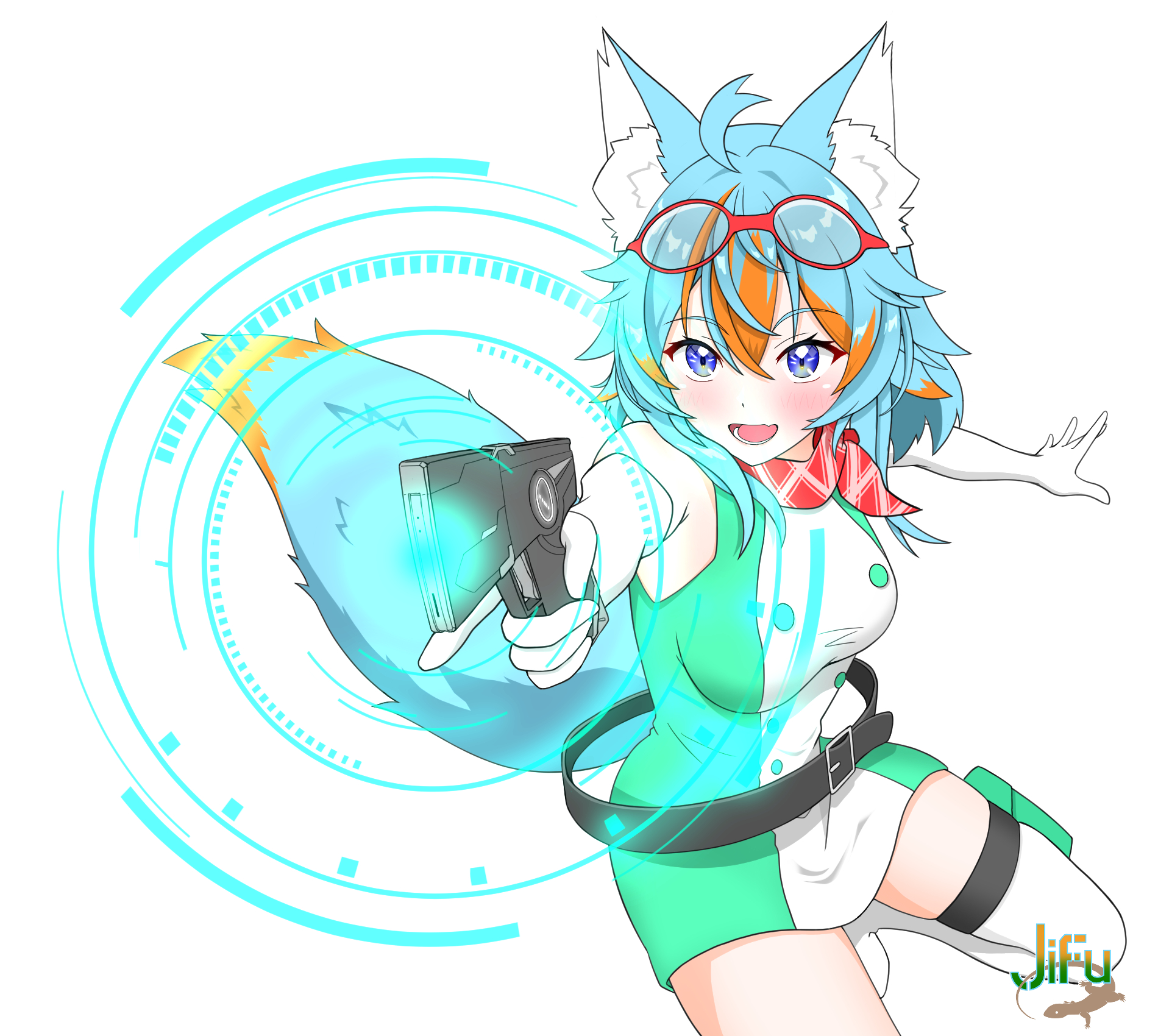 yuuki kanan, digimon, digimon story: time stranger, indie virtual youtuber, highres, 1girl, animal ears, artist logo, bare shoulders, blue hair, breasts, cosplay, cowboy shot, dress, fox girl, gloves, green dress, gun, holding, holding gun, holding weapon, jifu (jiifuu), logo, medium breasts, microdress, mikana leste, multicolored hair, orange hair, red scarf, scarf, single thighhigh, solo, thighhighs, trigger discipline, two-tone dress, two-tone hair, virtual youtuber, weapon, white background, white dress, white gloves, white thighhighs, yuuki kanan (cosplay)