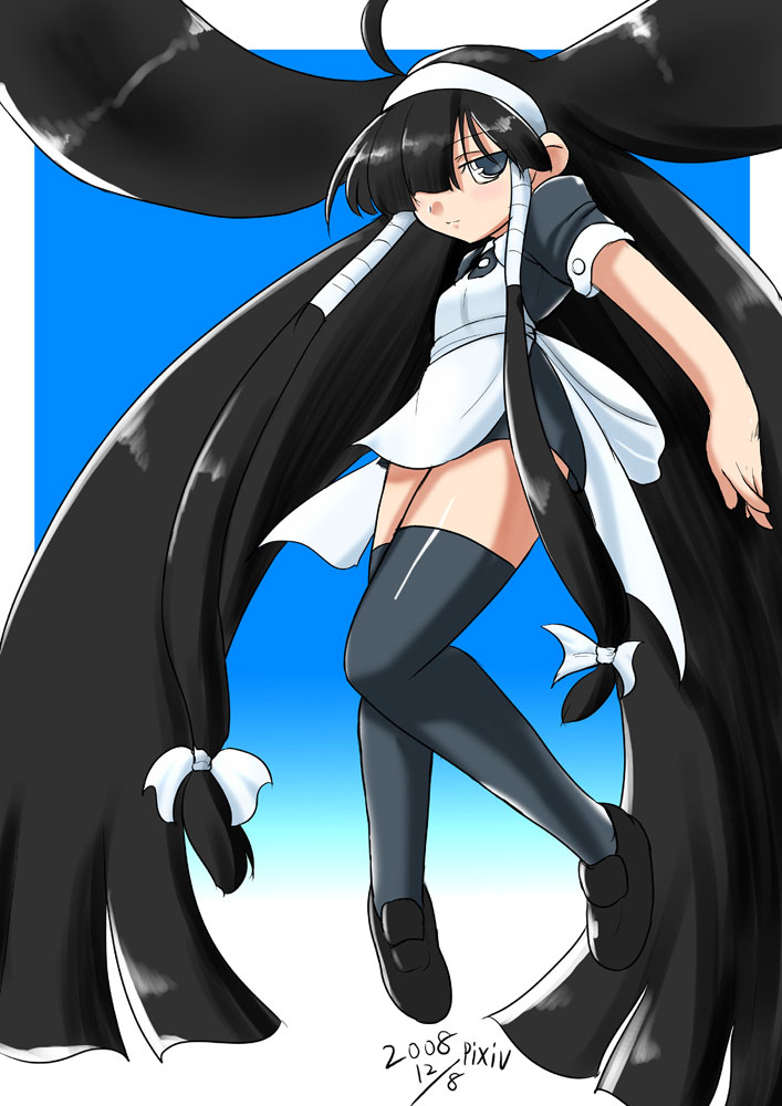 za (artist), lucuha, lucu lucu, bad id, bad pixiv id, 1girl, absurdly long hair, apron, black eyes, black hair, female focus, full body, hair wings, long hair, solo, thighhighs, very long hair, wings