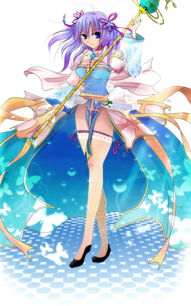 arch bishop (ragnarok online), ragnarok online, commentary request, highres, 1girl, black shoes, blue dress, blue eyes, breasts, bug, butterfly, cleavage cutout, closed mouth, clothing cutout, cross, dress, fishnet thighhighs, fishnets, full body, hair ribbon, holding, holding staff, insect, juliet sleeves, long hair, long sleeves, looking at viewer, medium breasts, pelvic curtain, pink ribbon, puffy sleeves, purple hair, ribbon, sash, shoes, silky emonyw, smile, solo, staff, standing, thighhighs, two-tone dress, white background, white butterfly, white dress, white thighhighs, yellow sash