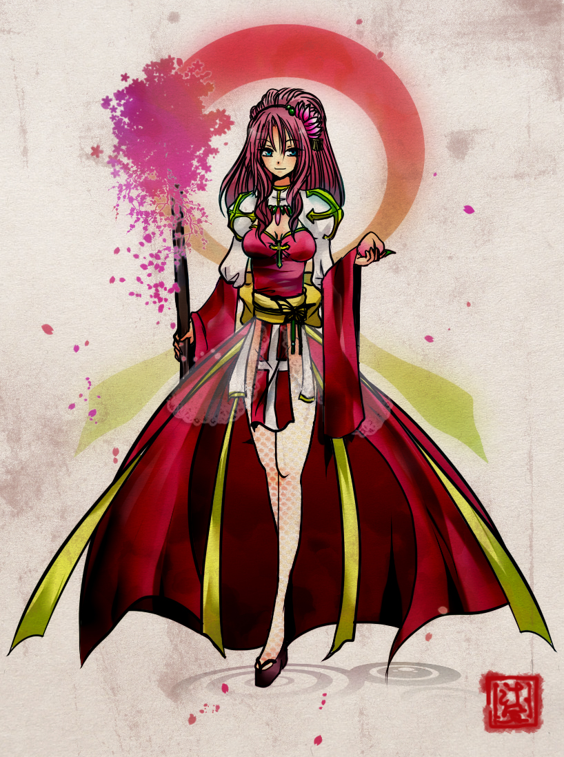 arch bishop (ragnarok online), ragnarok online, commentary request, 1girl, blue eyes, breasts, brown sandals, cherry blossoms, cleavage cutout, closed mouth, clothing cutout, cross, dress, fishnet thighhighs, fishnets, food, fruit, full body, green eyes, grey background, holding, holding food, holding fruit, holding staff, juliet sleeves, long hair, long sleeves, looking at viewer, medium breasts, peach, pink hair, platform sandals, puffy sleeves, red dress, ripples, sandals, sash, seal impression, silky emonyw, smile, solo, staff, thighhighs, two-tone dress, white dress, white thighhighs, yellow sash