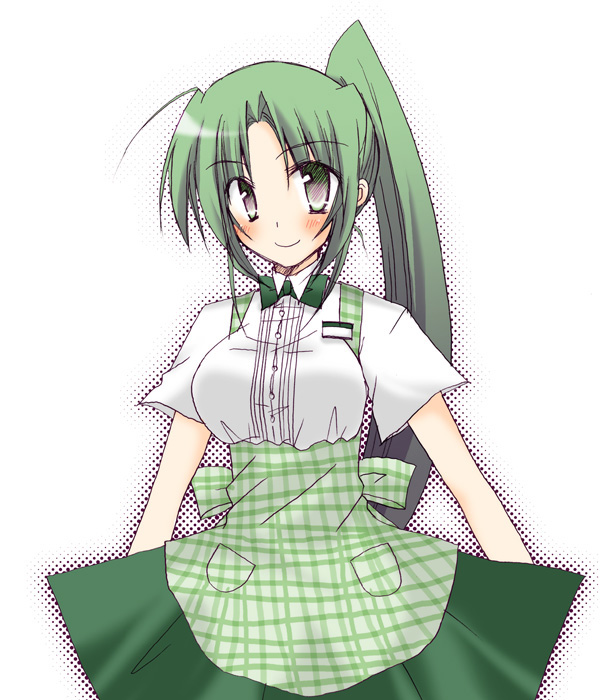 inscco, sonozaki mion, higurashi no naku koro ni, bad id, bad pixiv id, 00s, 1girl, apron, bow, bowtie, female focus, gingham apron, green bow, green bowtie, green eyes, green hair, high ponytail, kobeya uniform, long hair, matching hair/eyes, plaid apron, plaid clothes, ponytail, solo, waitress