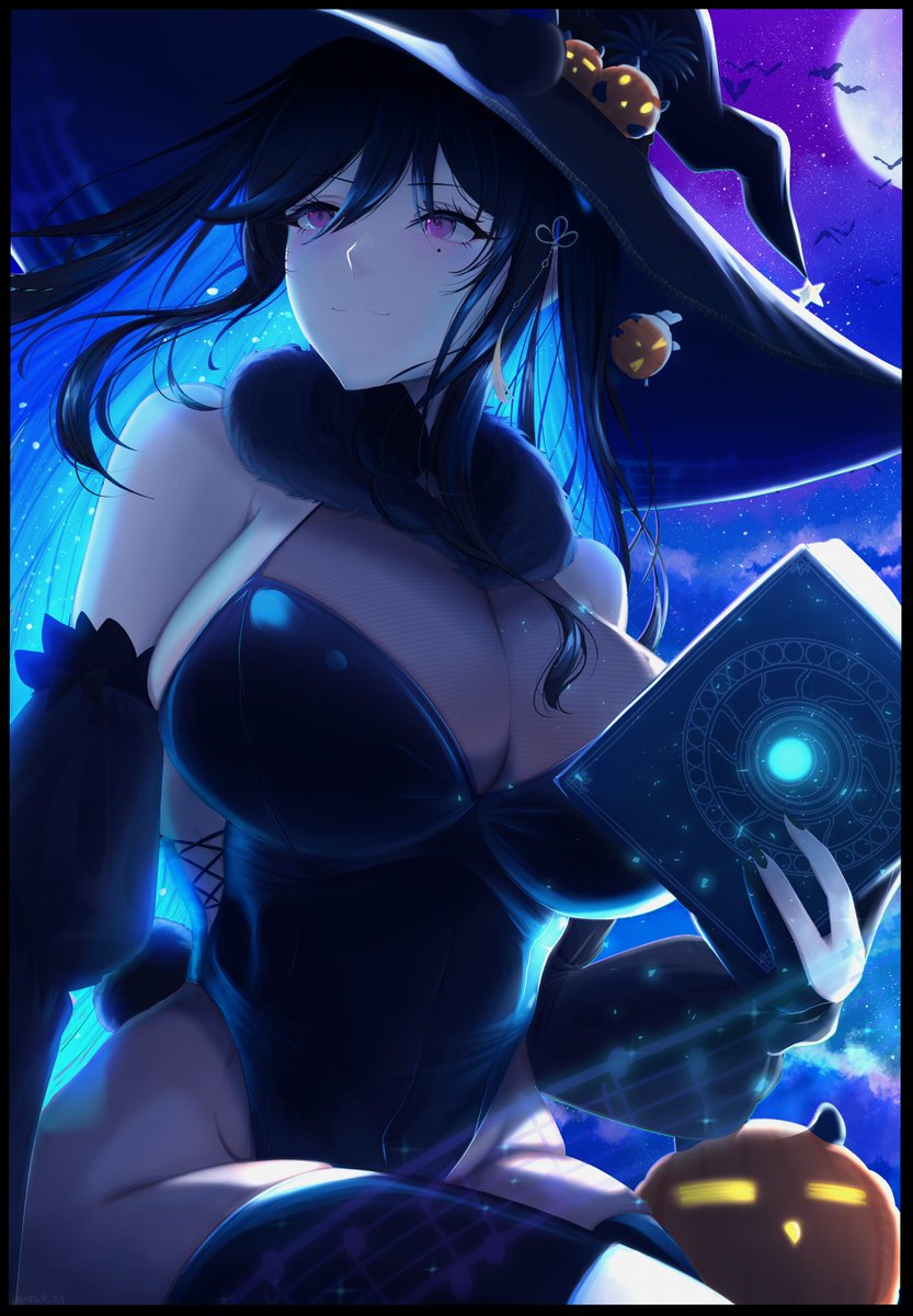 ellier23, nerissa ravencroft, hololive, hololive english, highres, 1girl, black hair, blue hair, book, breasts, cleavage, colored inner hair, covered navel, detached sleeves, full moon, fur collar, glowing, glowing hair, hat, holding, holding book, jack-o'-lantern, large breasts, long hair, long sleeves, looking ahead, mole, mole under eye, moon, multicolored hair, night, night sky, pink eyes, see-through cleavage, see-through clothes, sky, solo, virtual youtuber, witch hat