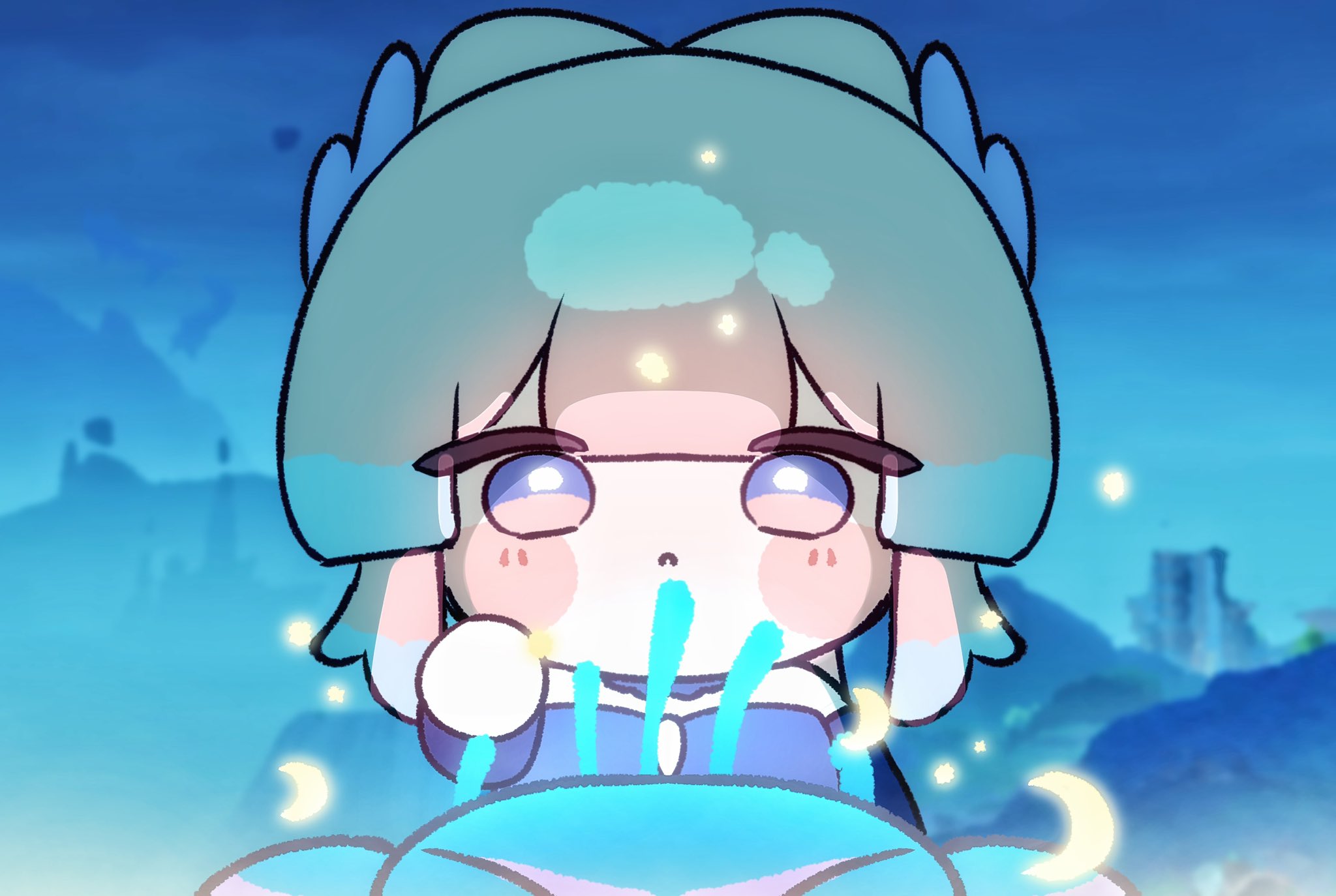 mikurumikurumi, sangonomiya kokomi, genshin impact, highres, 1girl, blue horns, blunt bangs, bow-shaped hair, colored tips, frilled sleeves, frills, glowing, gradient hair, hair between eyes, horns, long hair, multicolored hair, pink hair, purple eyes, shorts, white shorts, wide sleeves
