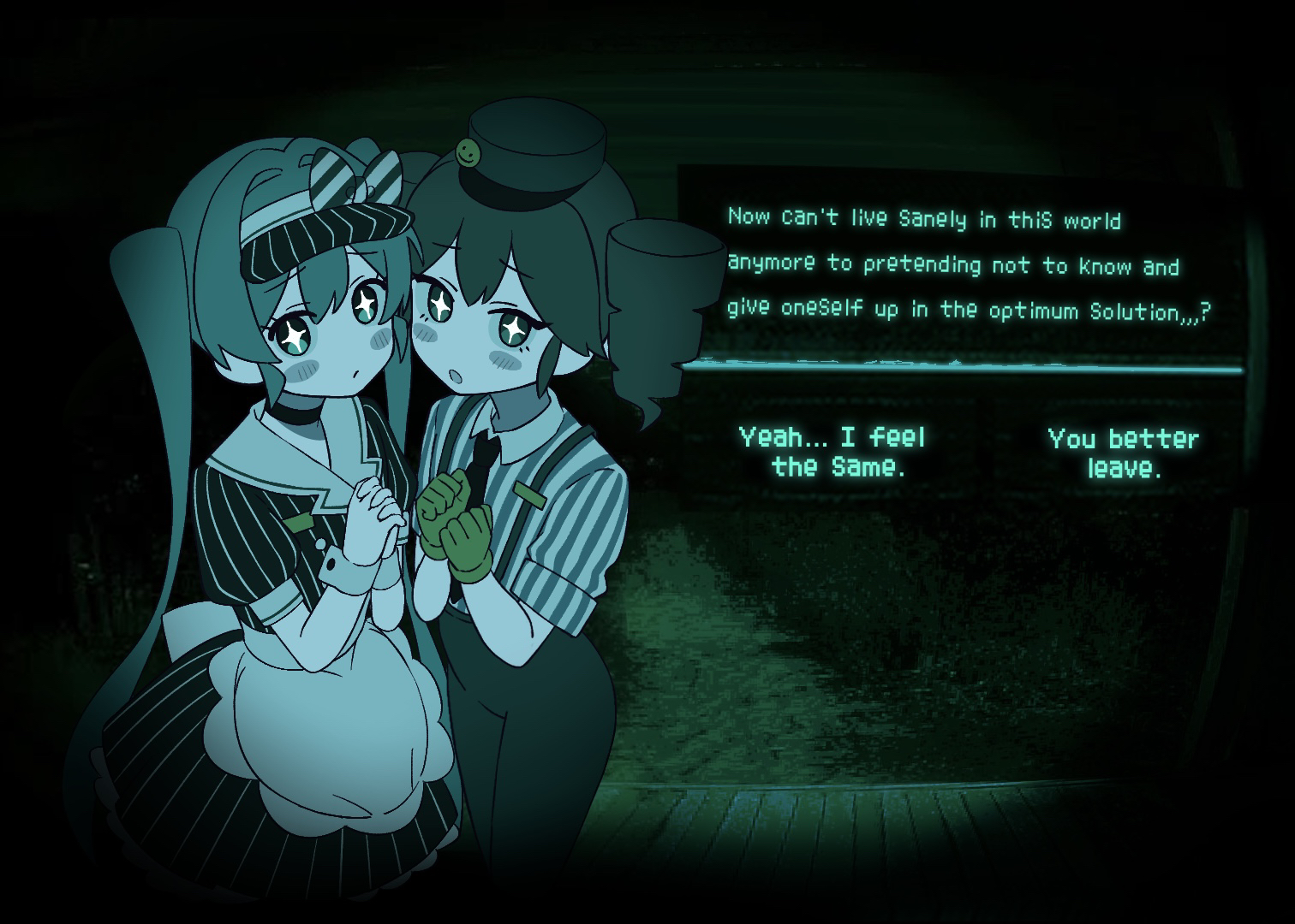 tamakiwachi, hatsune miku, kasane teto, mesmerizer (vocaloid), no i'm not a human, vocaloid, + +, 2girls, blush stickers, crossover, dress, drill hair, english text, fake screenshot, gloves, hat, long hair, looking at viewer, medium hair, multiple girls, necktie, night, outdoors, overalls, pinstripe dress, pinstripe pattern, pinstripe shirt, shirt, twin drills, twintails, user interface, very long hair, visor cap