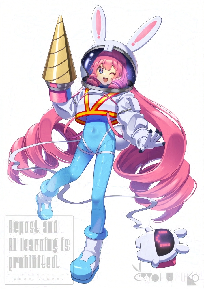 ryofuhiko, original, commentary, 1girl, 1other, animal ears, ankle boots, blue bodysuit, blue eyes, bodysuit, boots, covered navel, creature, cropped jacket, drill, drill hair, drill hand, drill sidelocks, fake tail, gloves, harness belt, high-visibility clothing, long hair, one eye closed, open mouth, pink hair, quad drills, rabbit ears, rabbit tail, robot, sidelocks, signature, simple background, smile, spacesuit, tail, teeth, tether, upper teeth only, watermark, white background