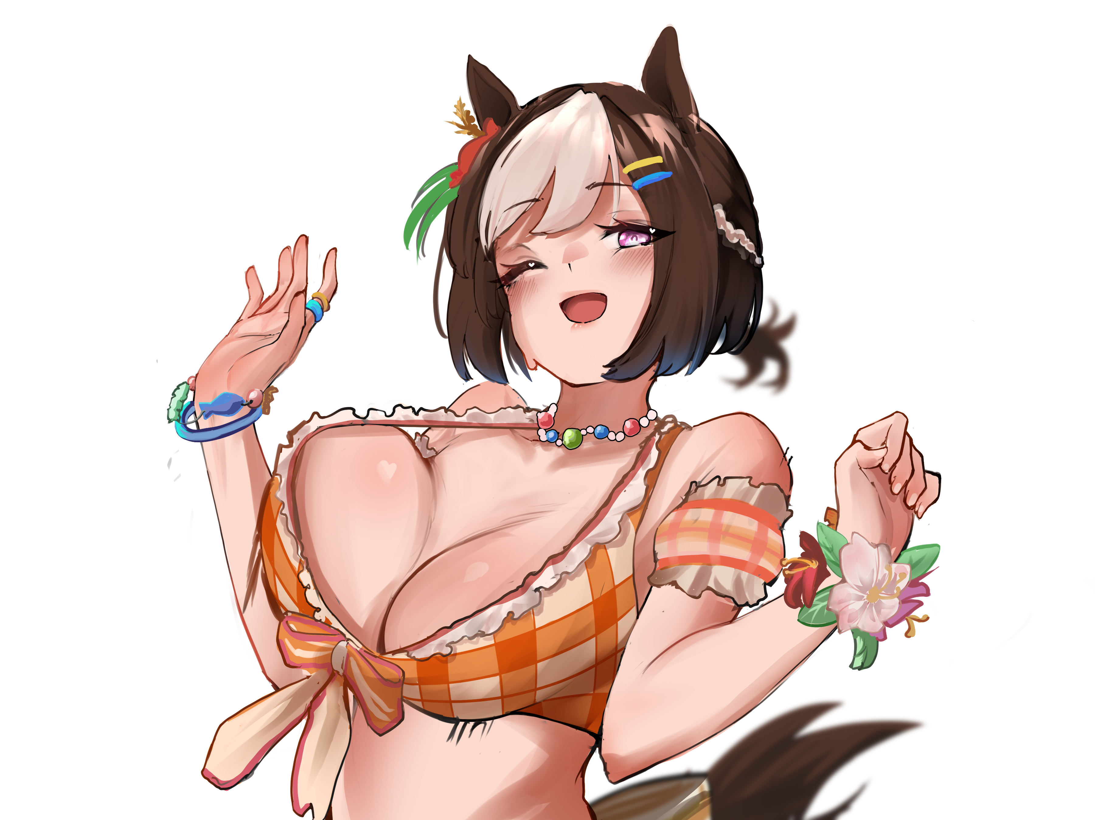 weebchair, special week (hopp'n happy heart) (umamusume), special week (umamusume), umamusume, absurdres, commentary, highres, 1girl, animal ears, bare shoulders, bead necklace, beads, bikini, black hair, blush, bouncing breasts, breasts, cleavage, detached sleeves, ear flower, frilled bikini, frills, hands up, horse ears, horse girl, horse tail, jewelry, large breasts, looking at viewer, necklace, official alternate costume, one eye closed, open mouth, orange bikini, plaid bikini, plaid clothes, puffy sleeves, purple eyes, short hair, simple background, smile, solo, swimsuit, tail, unaligned breasts, upper body, white background, white hair, white streaks, wrist flower