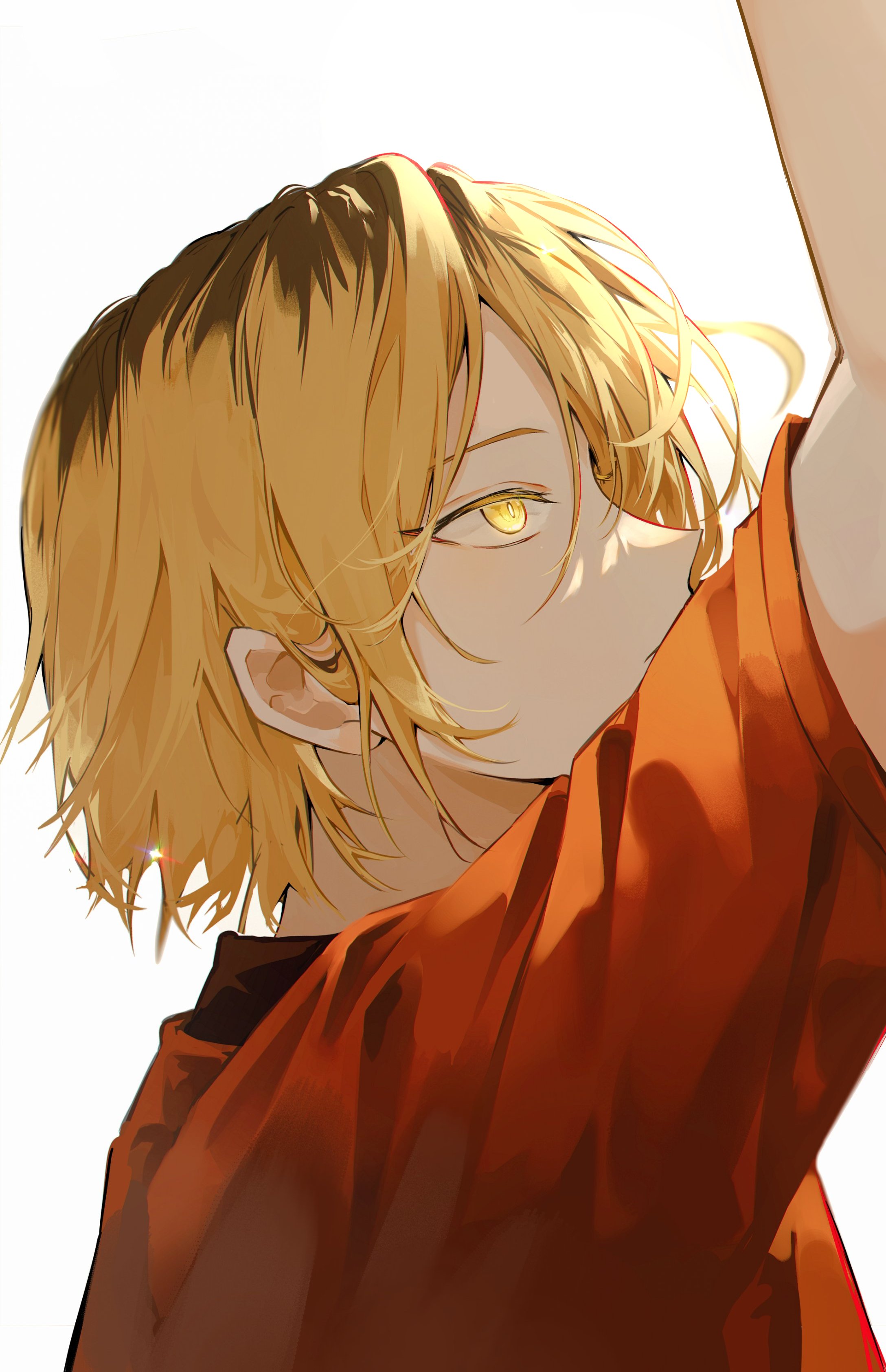 myanya, kozume kenma, haikyuu!!, absurdres, highres, 1boy, arm up, black hair, blonde hair, from side, male focus, multicolored hair, nekoma volleyball uniform, short hair, simple background, slit pupils, solo, sportswear, volleyball uniform, white background, yellow eyes