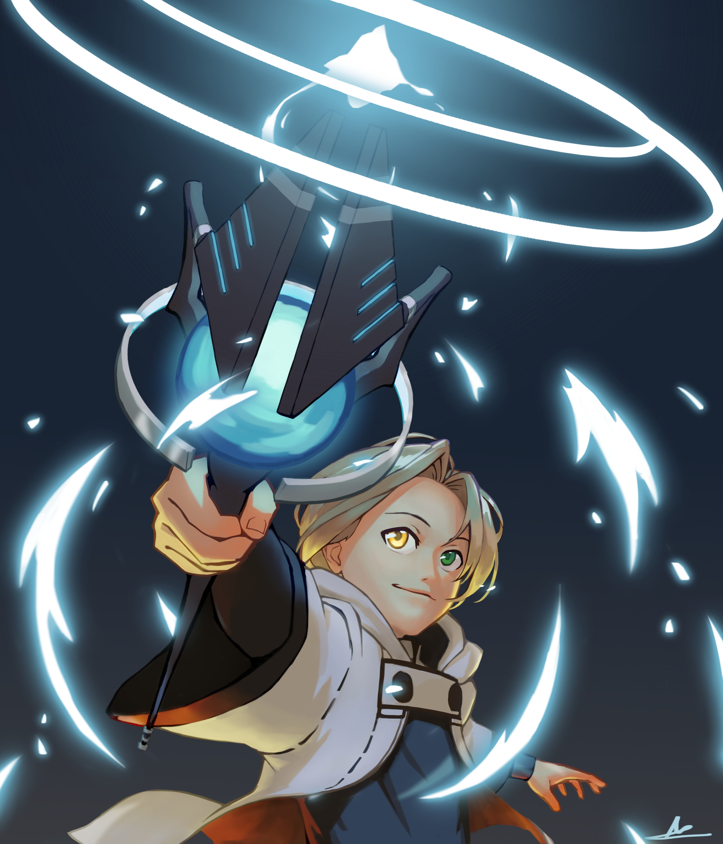 kenji uz, rudeus greyrat, mushoku tensei, absurdres, highres, 1boy, aqua heartia, brown hair, casting spell, cloak, green eyes, heterochromia, hood, hooded cloak, mage staff, male focus, simple background, solo, solo focus, staff, yellow eyes