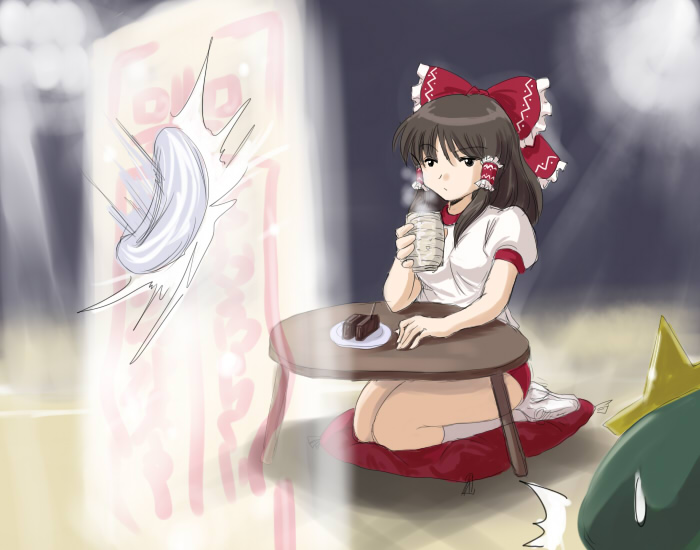 flx, hakurei reimu, hong meiling, touhou, 2girls, alternate costume, buruma, completely unamused, cup, dodgeball, female focus, futon, gym uniform, kneehighs, multiple girls, seiza, sitting, socks, solo focus, table, unamused, white socks
