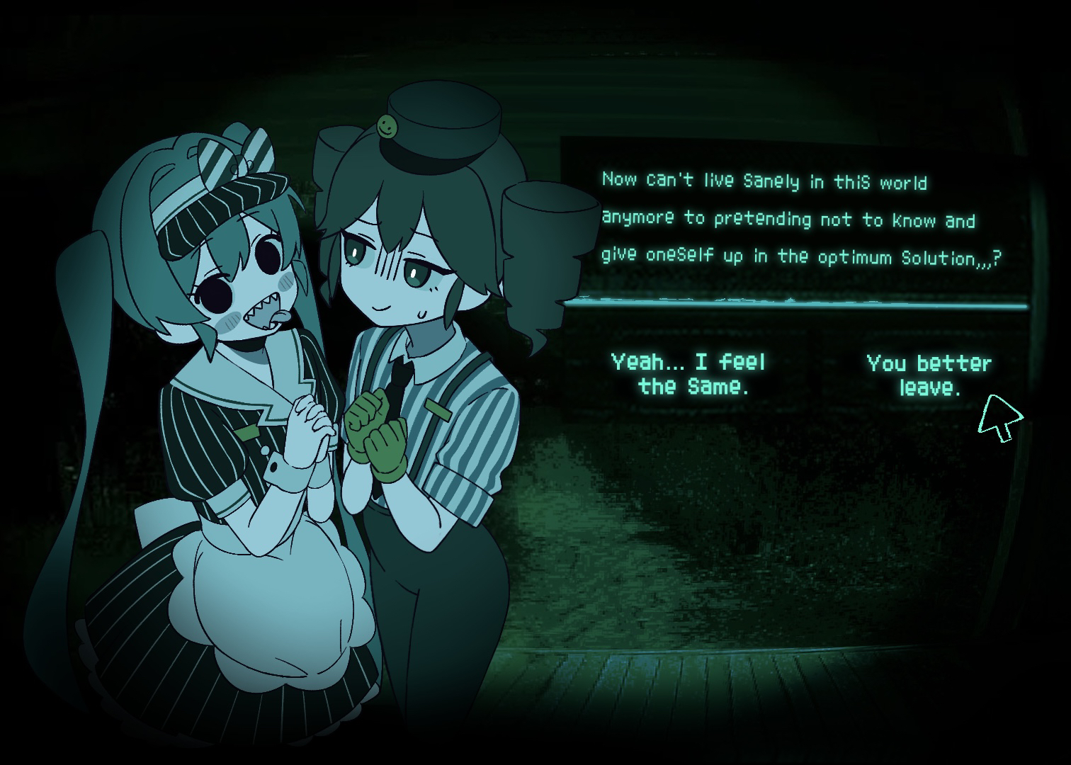 tamakiwachi, hatsune miku, kasane teto, mesmerizer (vocaloid), no i'm not a human, vocaloid, commentary, symbol-only commentary, 2girls, :d, blush stickers, closed mouth, crossover, cursor, dress, drill hair, english text, fake screenshot, gloves, hat, long hair, looking at another, looking at viewer, medium hair, multiple girls, necktie, nervous smile, night, open mouth, outdoors, overalls, pinstripe dress, pinstripe pattern, pinstripe shirt, shirt, smile, solid circle eyes, tongue, tongue out, twin drills, twintails, user interface, very long hair, visor cap