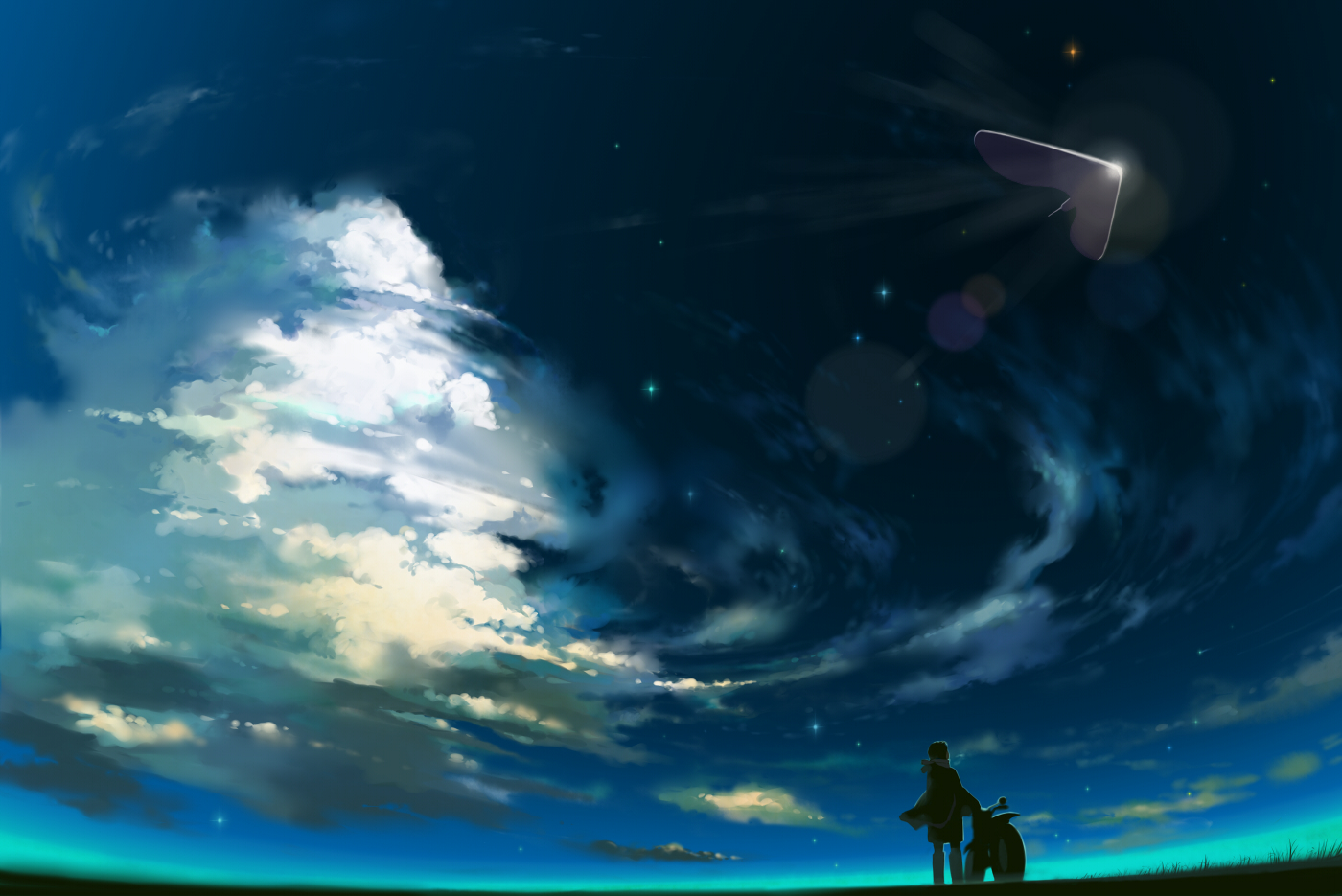 jimu kaji, kajimiya (kaji), vehicle, gender request, aircraft, androgynous, cloud, motor vehicle, motorcycle, outdoors, scenery, sky, solo, star (sky), star (symbol), starry sky
