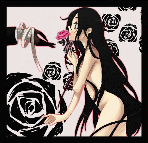 hagi (blood+), otonashi saya, blood+, lowres, 00s, 1boy, 1girl, bandages, black hair, flower, lips, long hair, nude, profile, rose