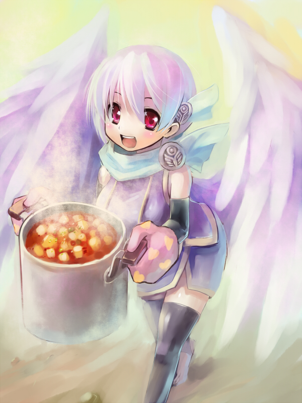 edobox, pixiv fantasia, pixiv fantasia 3, gigandal federation, oven mitts, red eyes, skirt, solo, thighhighs, wings