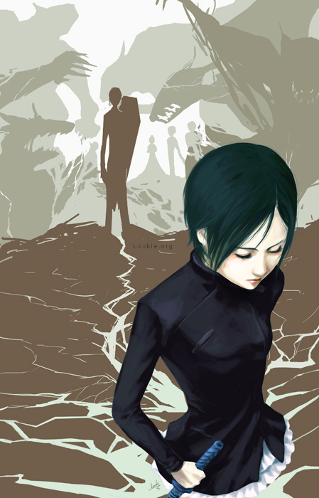 hagi (blood+), otonashi saya, blood+, 00s, black hair, closed eyes, katana, realistic, short hair, sword, wading, water, weapon